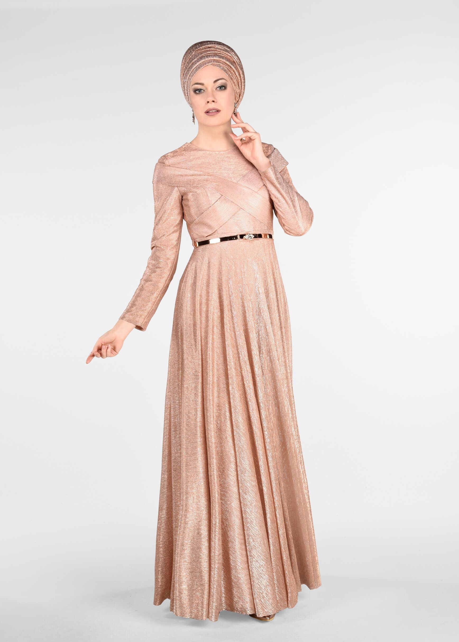 Tesettür giyim PUDRA KEMERLİ SİM KUMAŞ ABİYE ELBİSE 5422