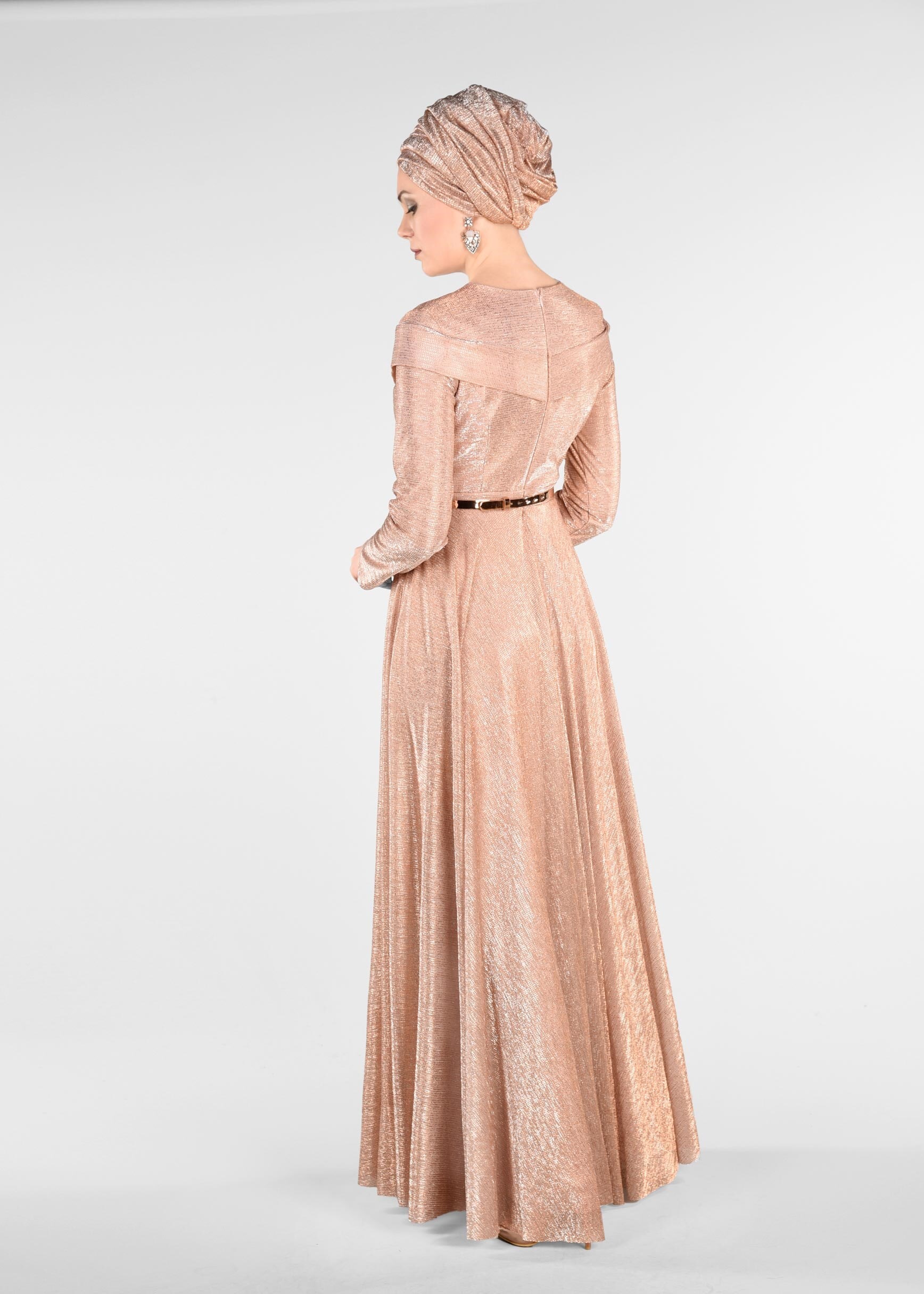 Tesettür giyim PUDRA KEMERLİ SİM KUMAŞ ABİYE ELBİSE 5422