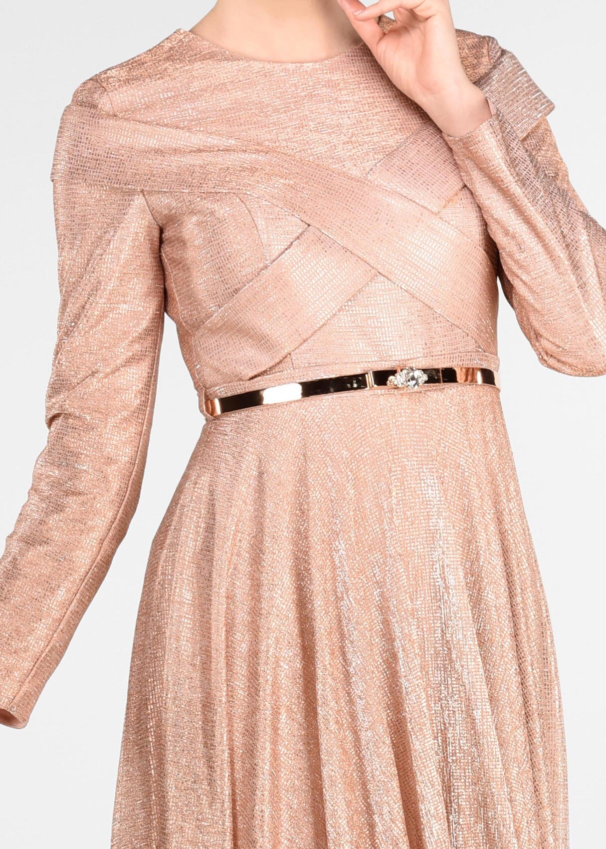 Tesettür giyim PUDRA KEMERLİ SİM KUMAŞ ABİYE ELBİSE 5422