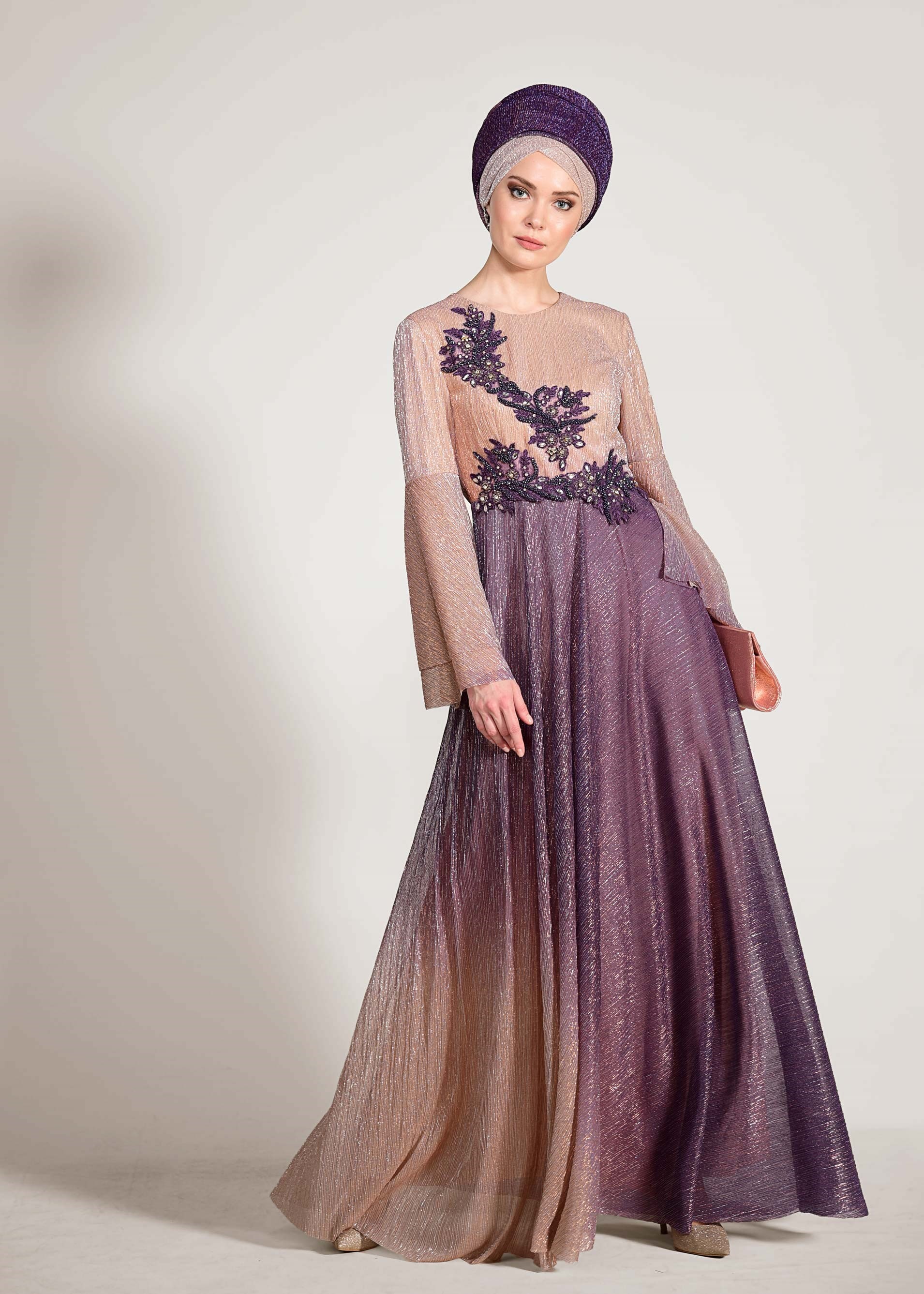 Tesettür giyim GRİ DEGRADE PLİSELİ SİM KUMAŞ ABİYE ELBİSE 5424