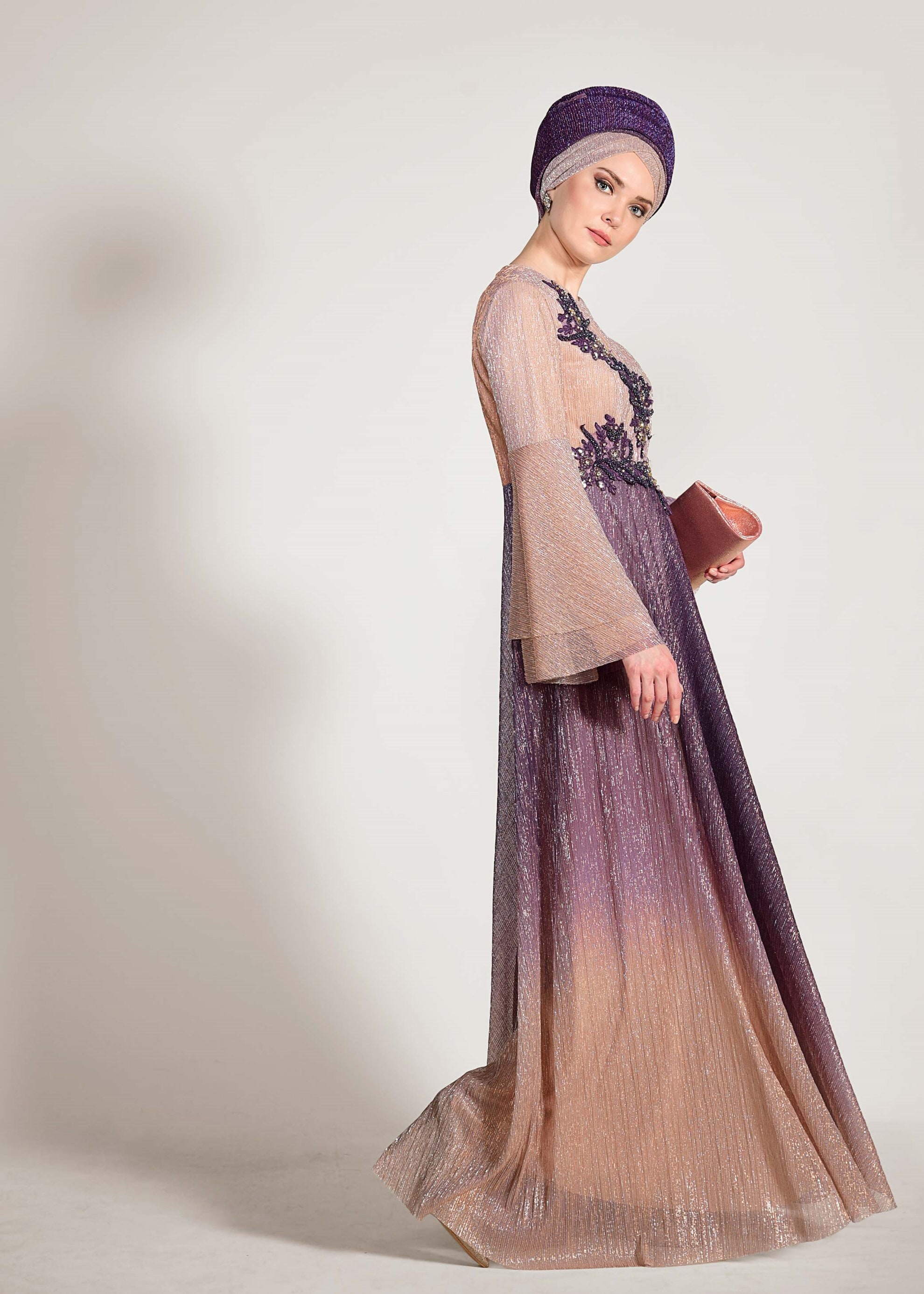 Tesettür giyim GRİ DEGRADE PLİSELİ SİM KUMAŞ ABİYE ELBİSE 5424