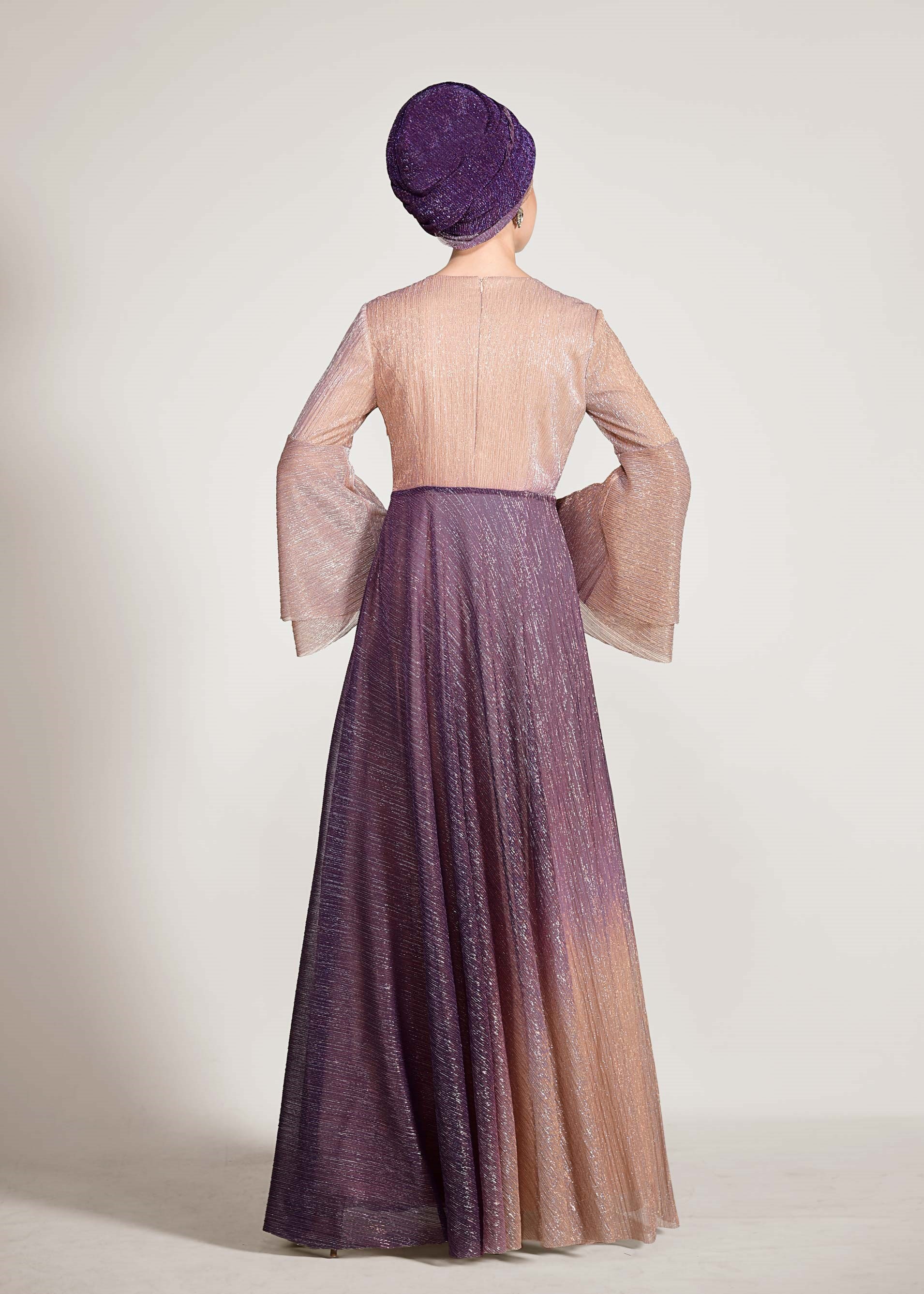 Tesettür giyim GRİ DEGRADE PLİSELİ SİM KUMAŞ ABİYE ELBİSE 5424