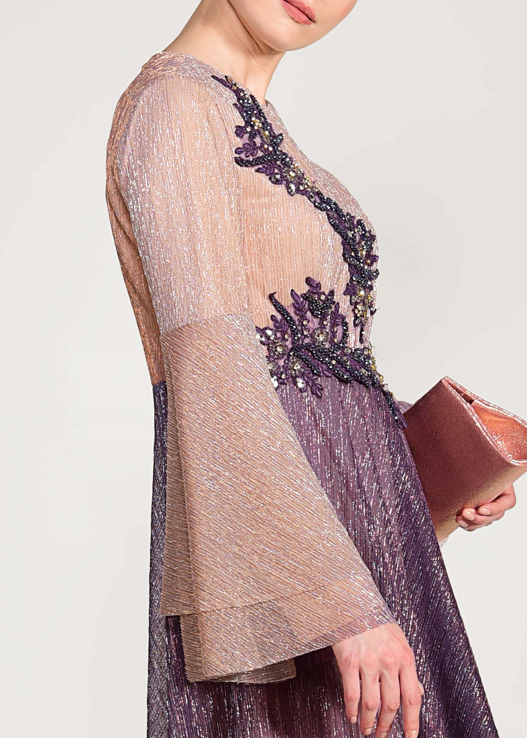 Tesettür giyim GRİ DEGRADE PLİSELİ SİM KUMAŞ ABİYE ELBİSE 5424