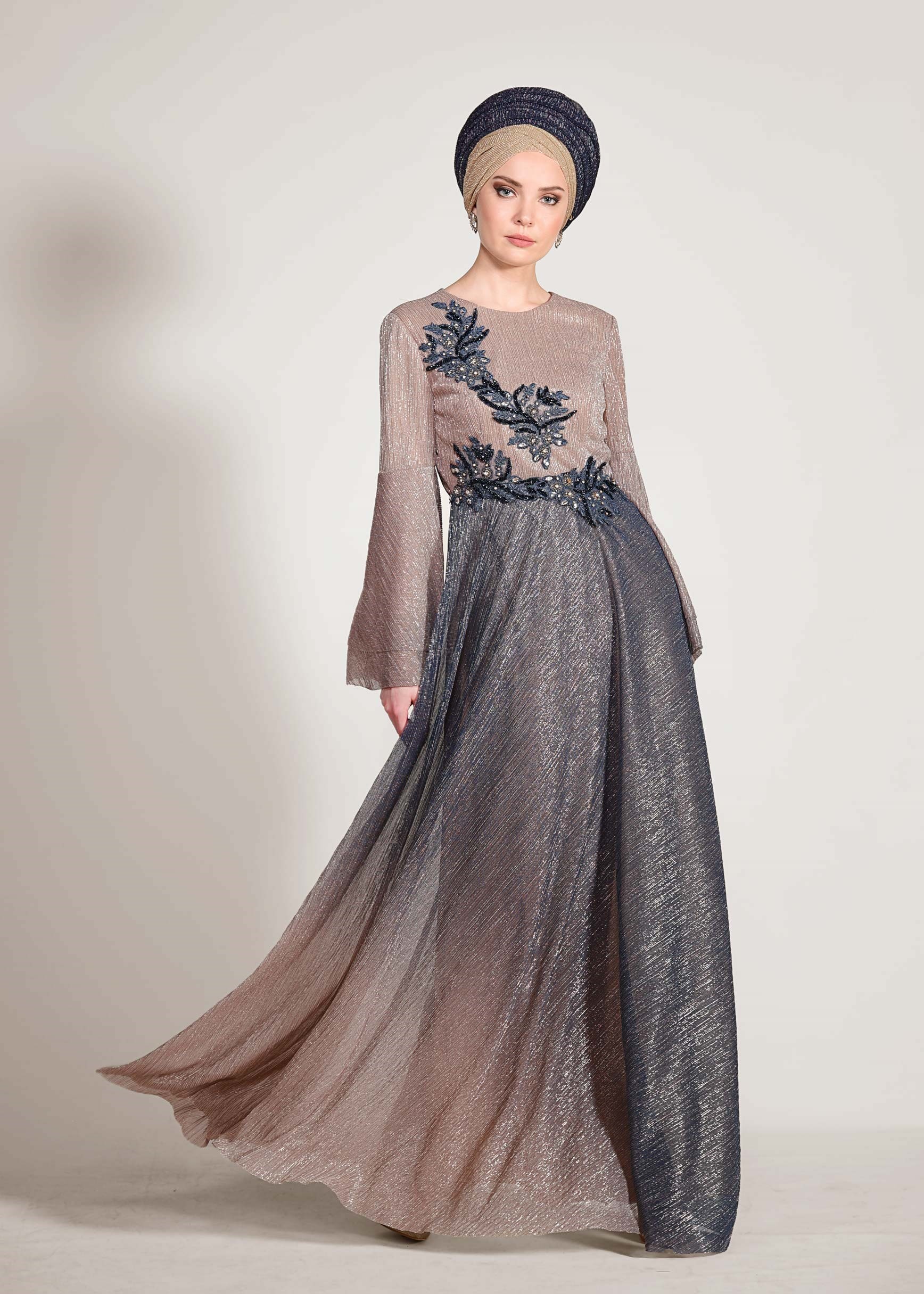 Tesettür giyim GRİ DEGRADE PLİSELİ SİM KUMAŞ ABİYE ELBİSE 5424