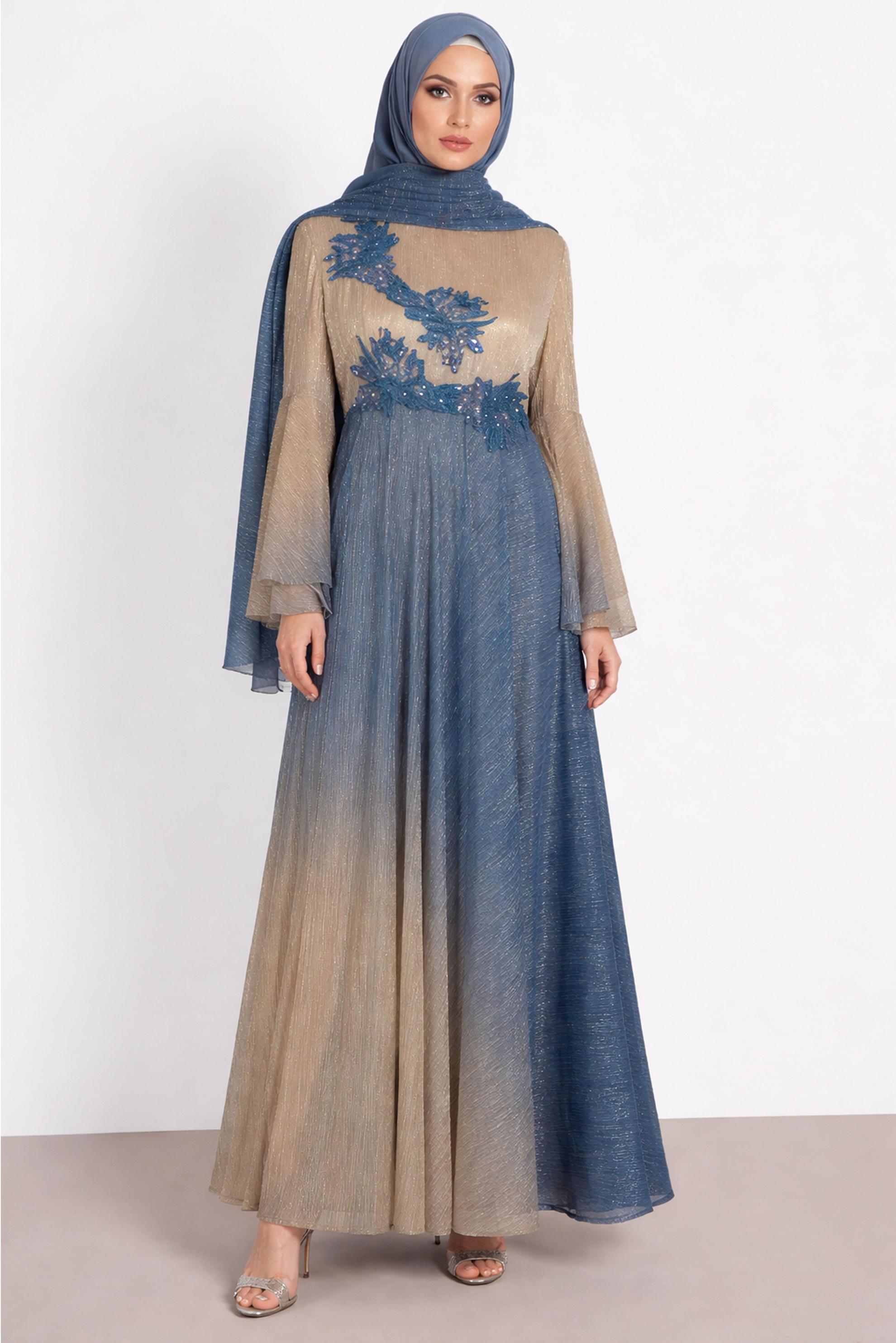 Tesettür giyim BEJ TAŞ DETAYLI DEGRADE ABİYE ELBİSE 5425