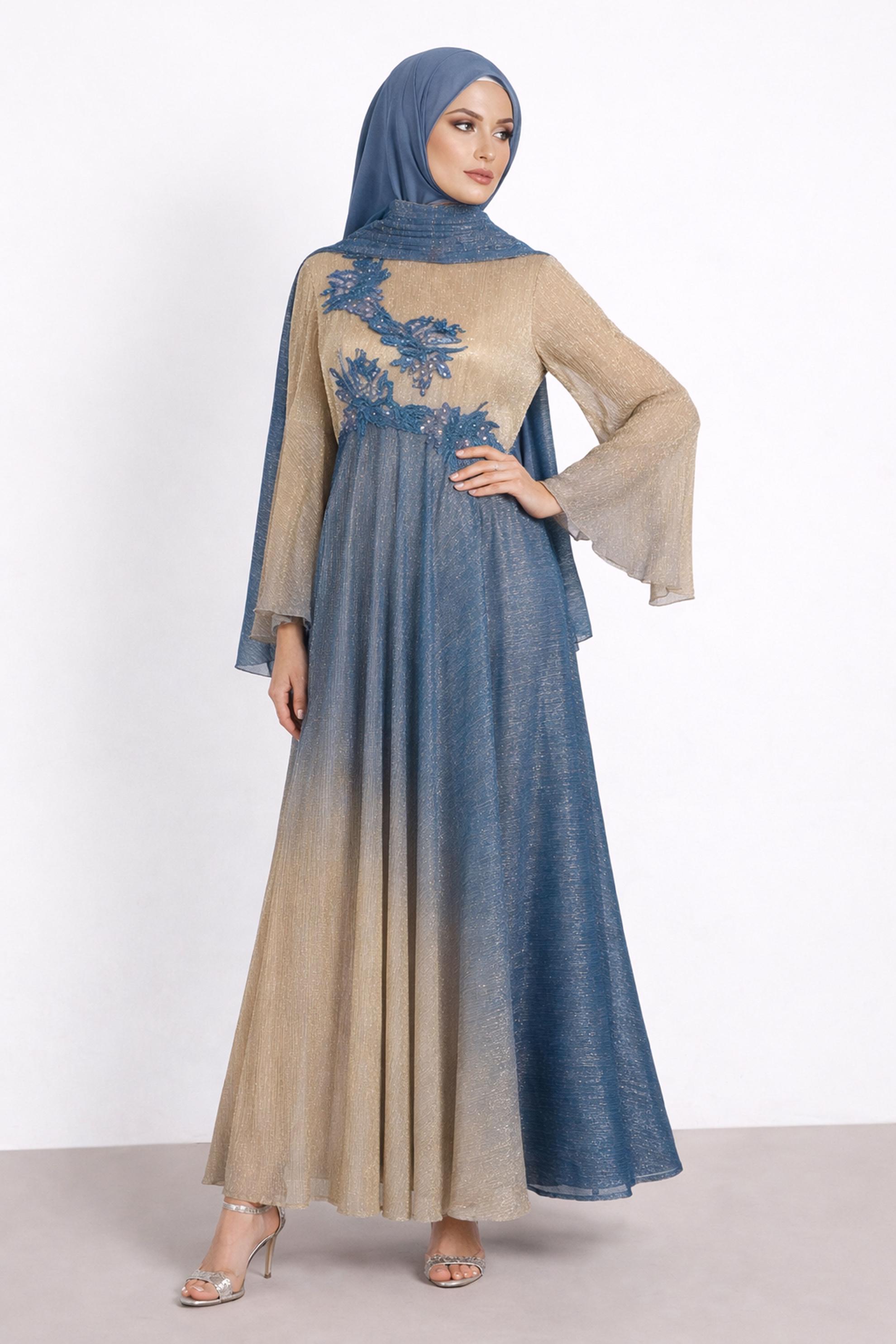 Tesettür giyim BEJ TAŞ DETAYLI DEGRADE ABİYE ELBİSE 5425