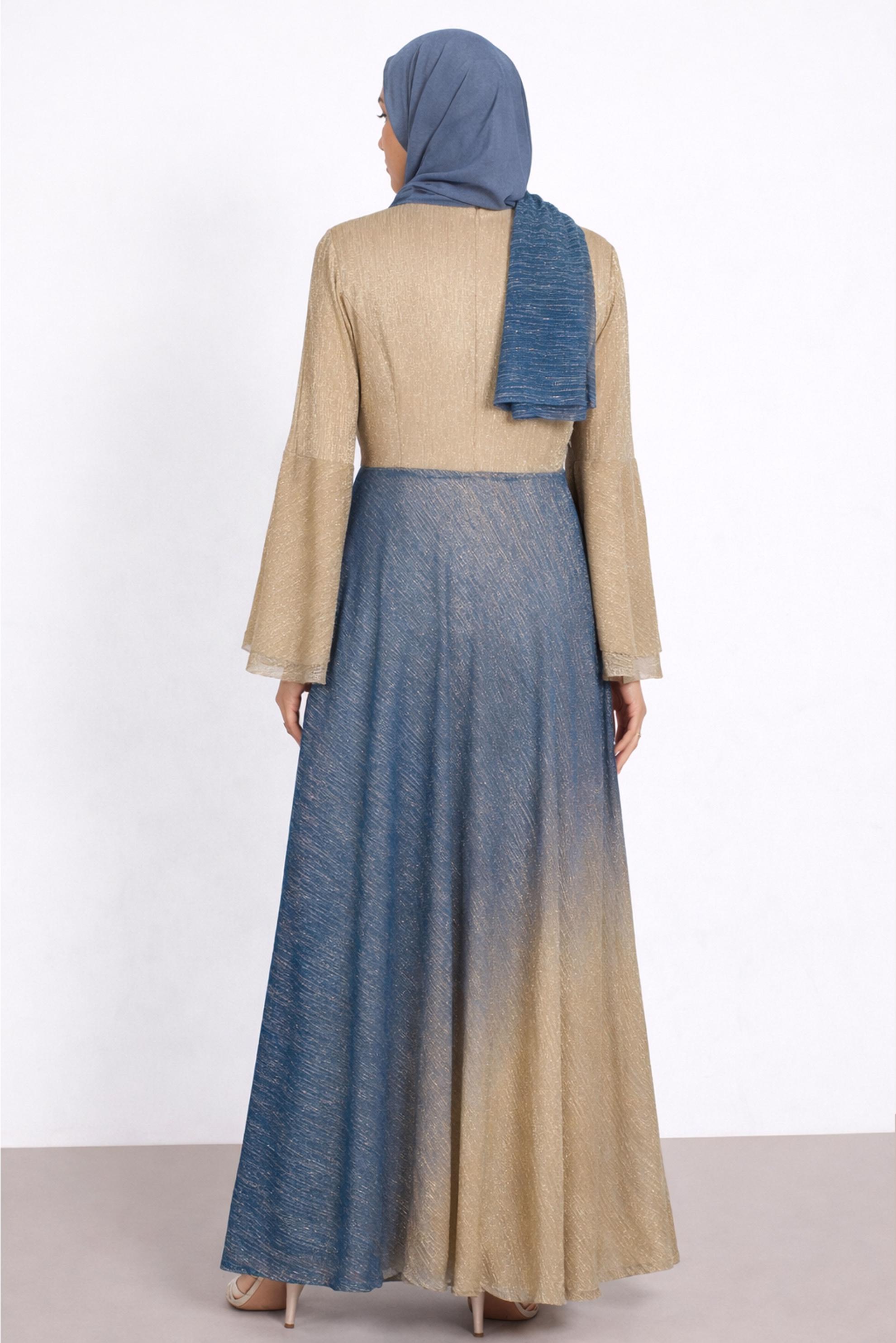 Tesettür giyim BEJ TAŞ DETAYLI DEGRADE ABİYE ELBİSE 5425