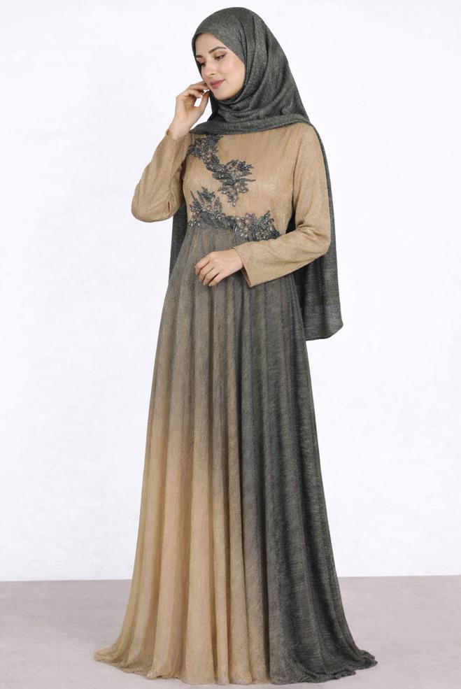 Hijab clothing BEIGE EVENING DRESS WITH GEM 5425 - ALVİNA
