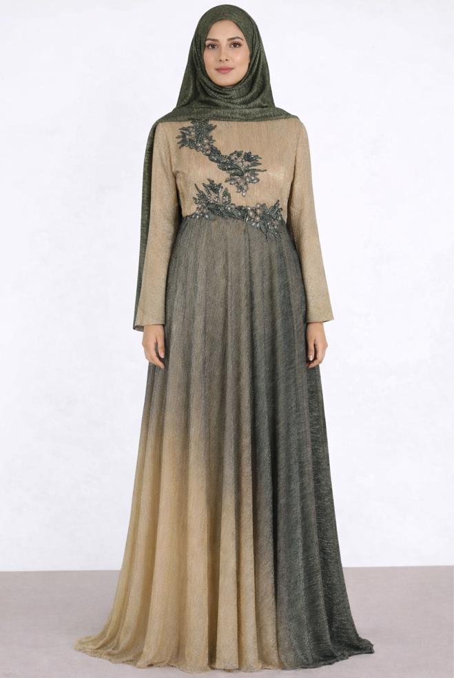 Hijab clothing BEIGE EVENING DRESS WITH GEM 5425 - ALVİNA