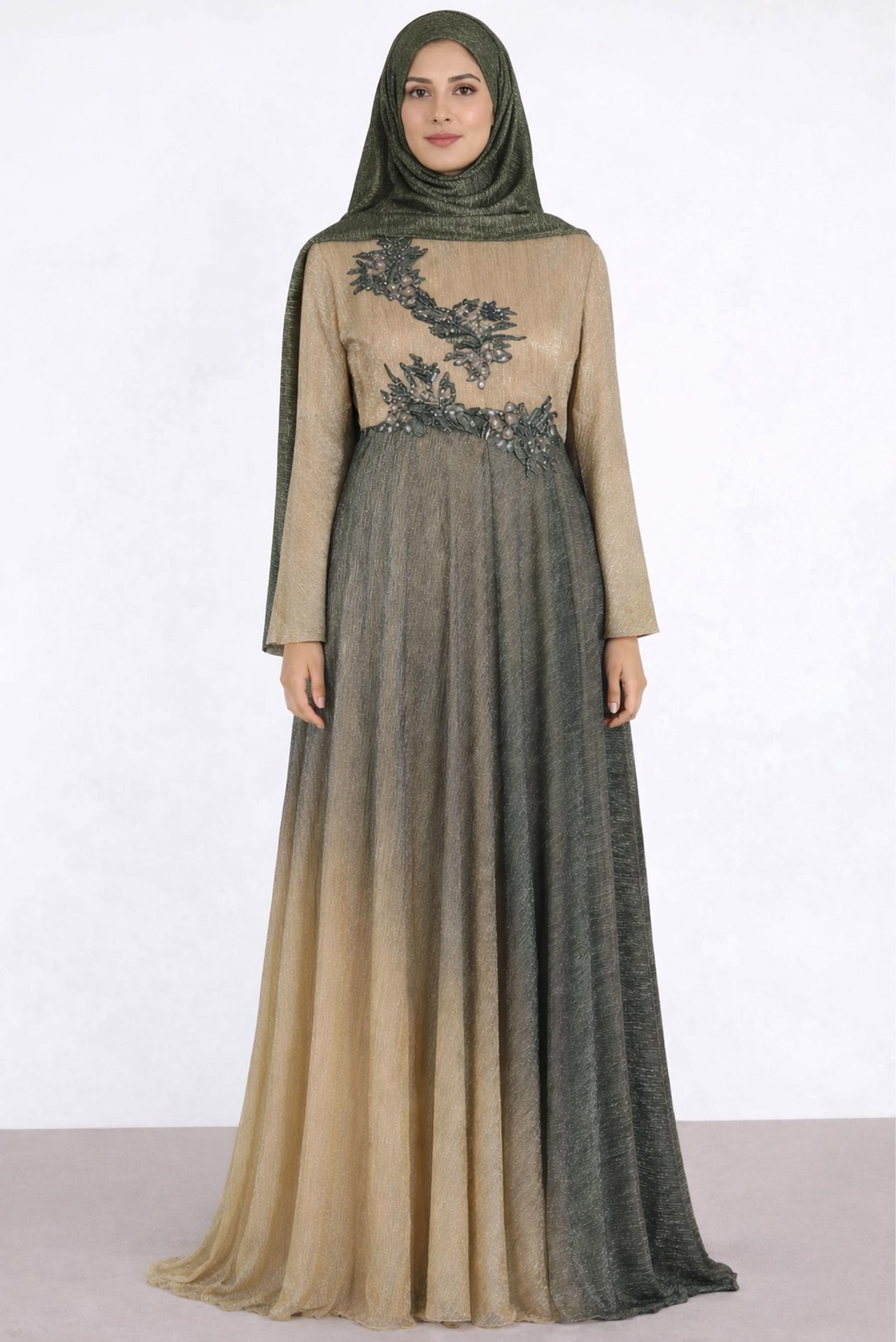 Tesettür giyim BEJ TAŞ DETAYLI DEGRADE ABİYE ELBİSE 5425