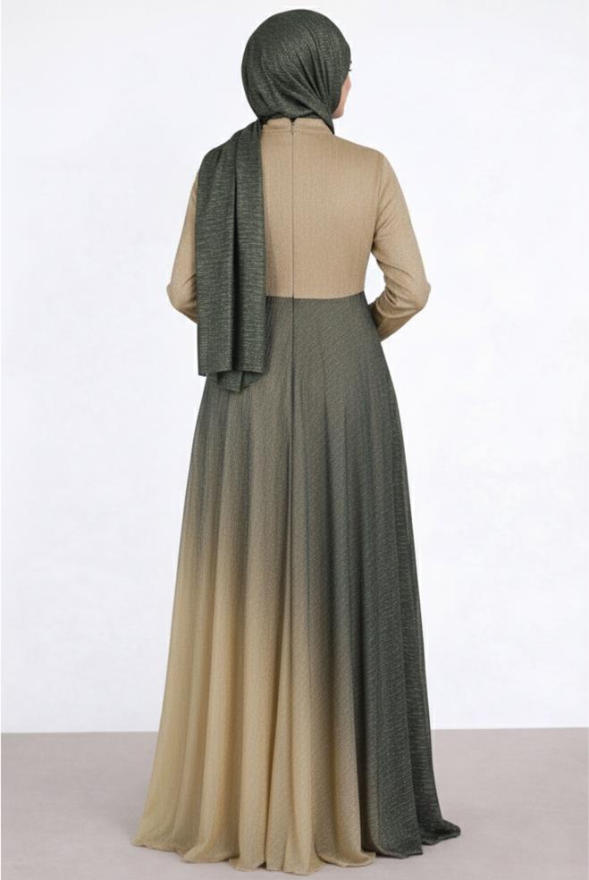 Hijab clothing BEIGE EVENING DRESS WITH GEM 5425 - ALVİNA