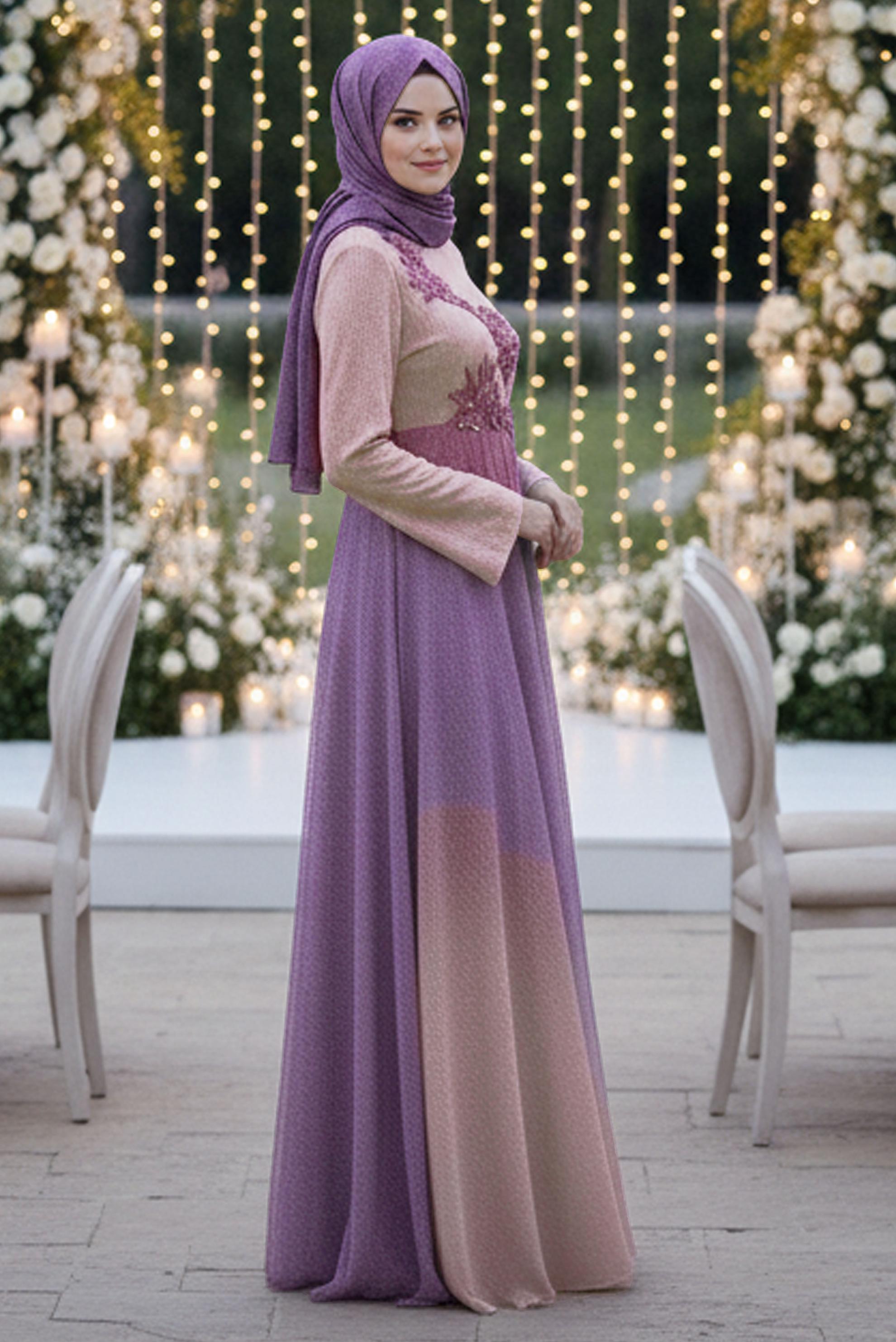 Tesettür giyim GRİ TAŞ DETAYLI DEGRADE ABİYE ELBİSE 5425