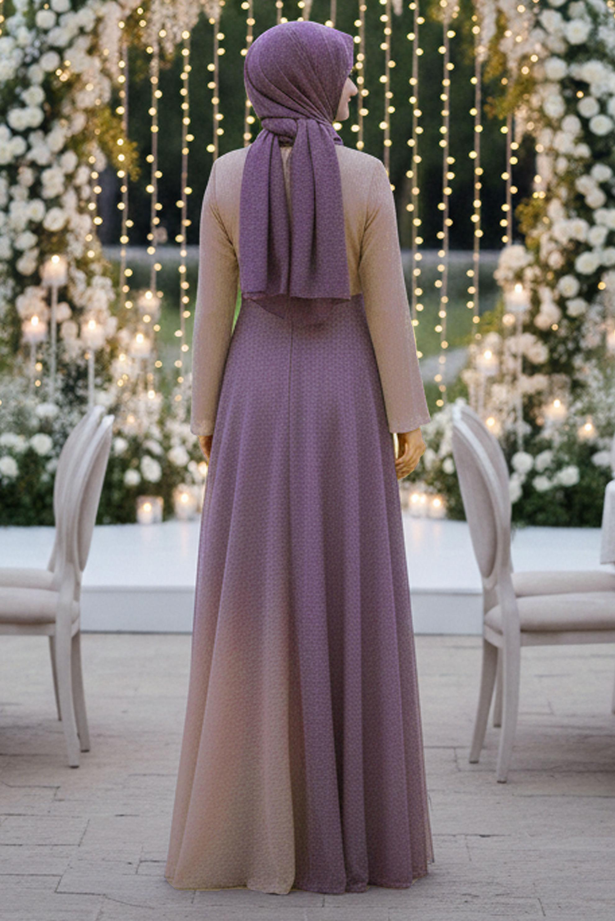 Tesettür giyim GRİ TAŞ DETAYLI DEGRADE ABİYE ELBİSE 5425