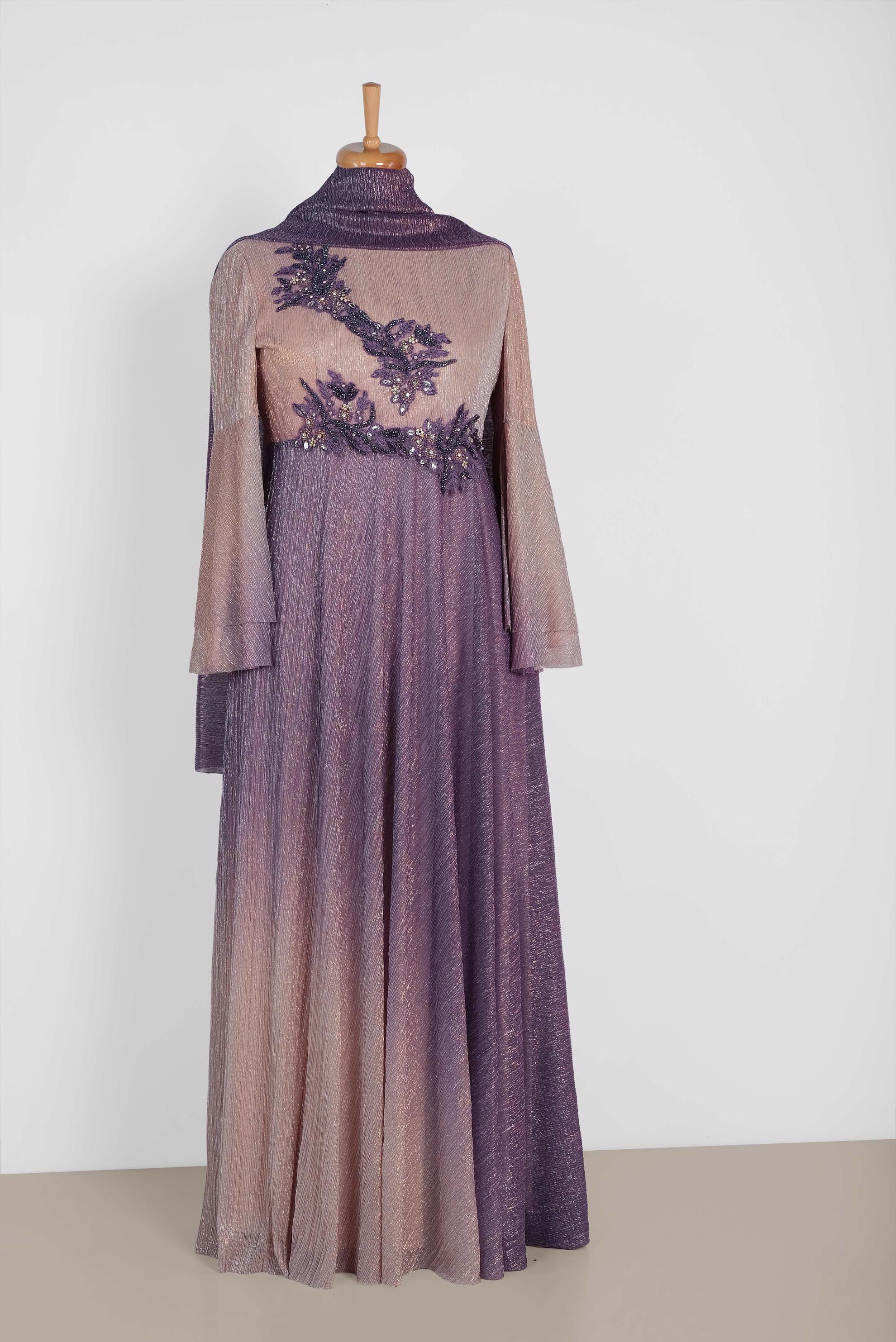 Tesettür giyim GRİ TAŞ DETAYLI DEGRADE ABİYE ELBİSE 5425