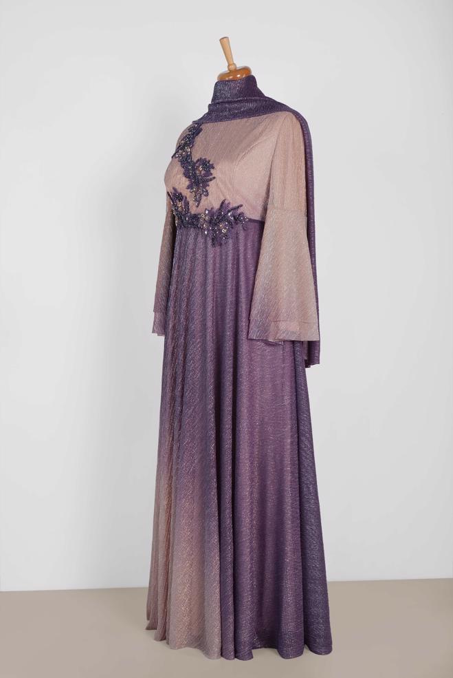 Tesettür giyim GRİ TAŞ DETAYLI DEGRADE ABİYE ELBİSE 5425 - ALVİNA