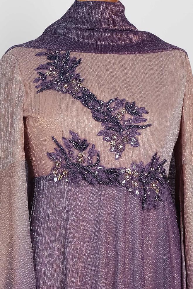 Tesettür giyim GRİ TAŞ DETAYLI DEGRADE ABİYE ELBİSE 5425 - ALVİNA