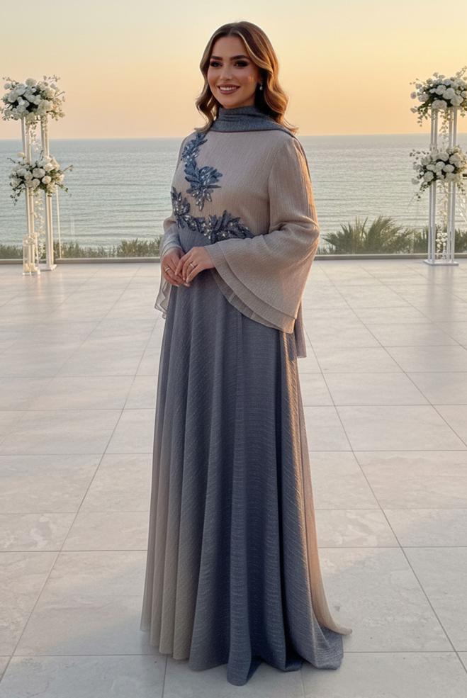 Hijab clothing GREY EVENING DRESS WITH GEM 5425 - ALVİNA