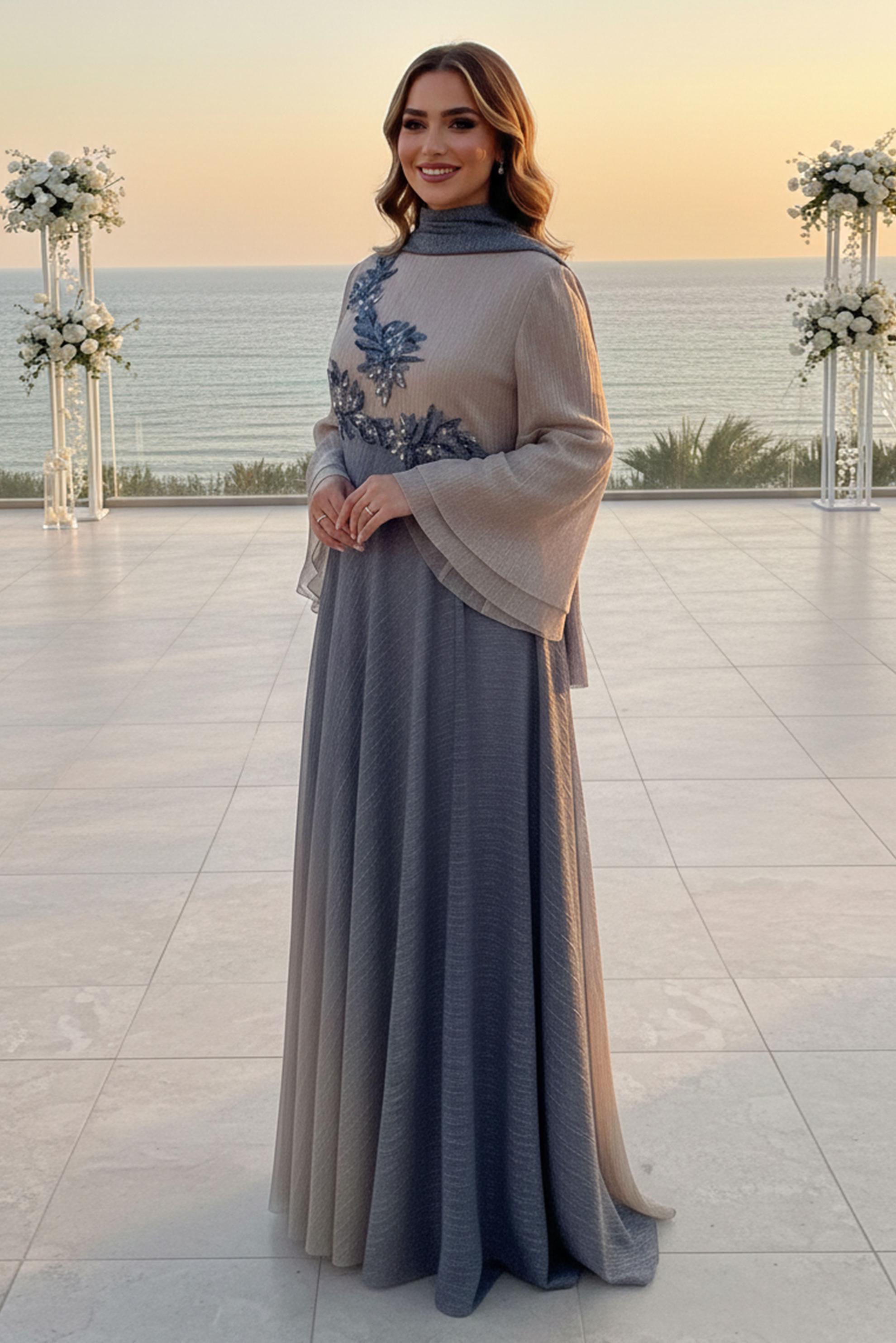 Tesettür giyim GRİ TAŞ DETAYLI DEGRADE ABİYE ELBİSE 5425