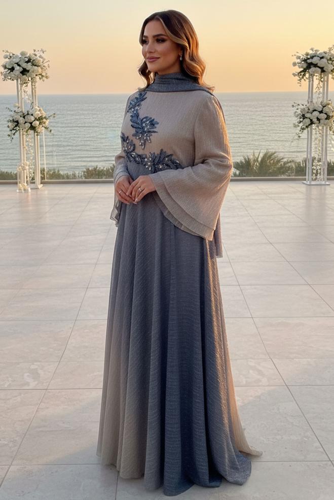 Hijab clothing GREY EVENING DRESS WITH GEM 5425 - ALVİNA
