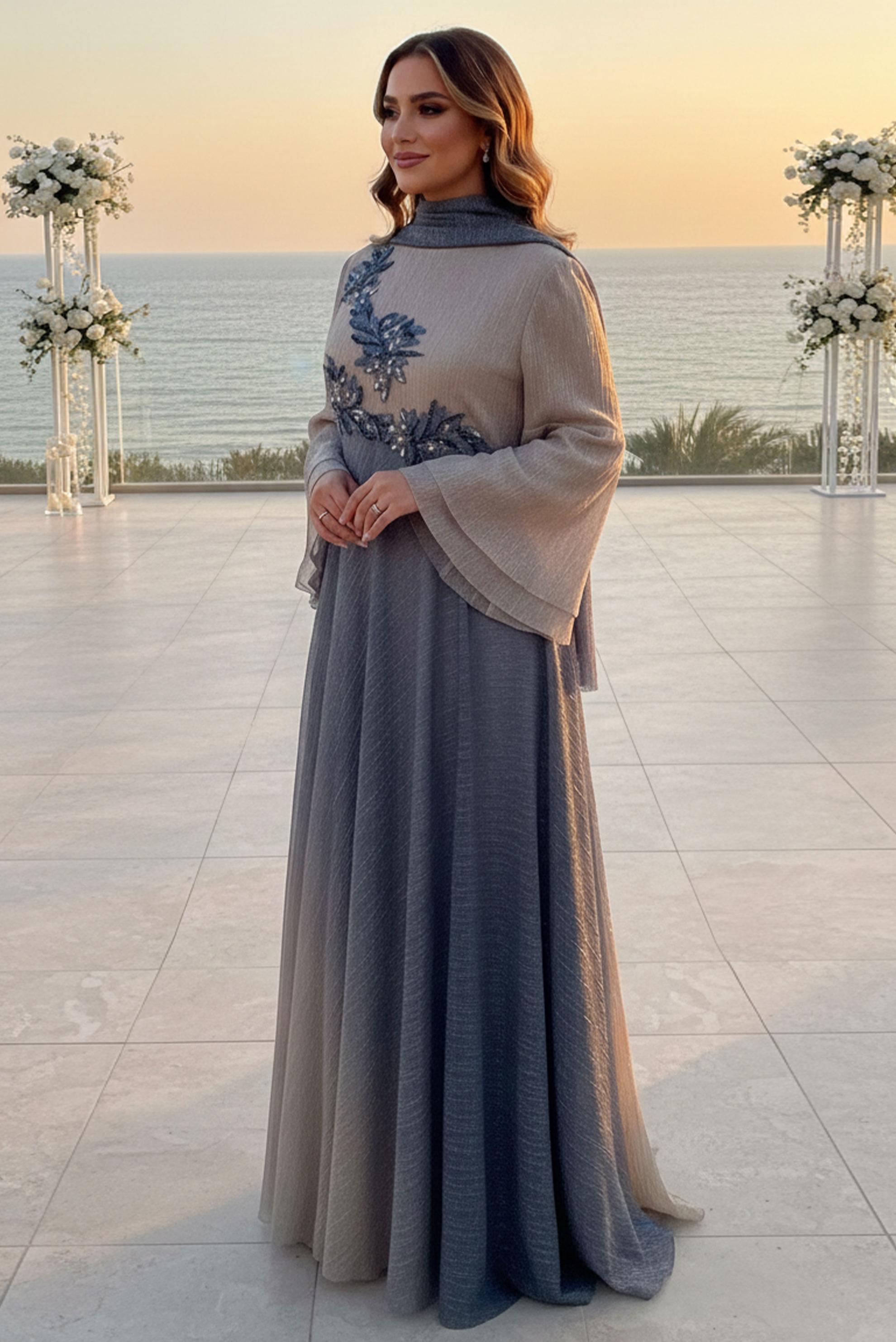 Tesettür giyim GRİ TAŞ DETAYLI DEGRADE ABİYE ELBİSE 5425