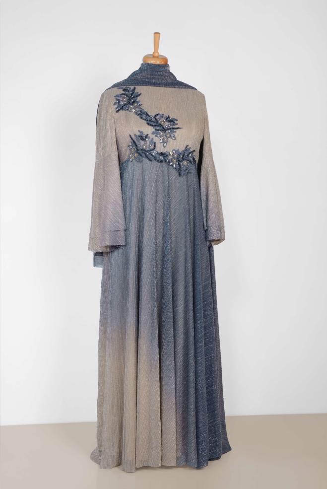 Tesettür giyim GRİ TAŞ DETAYLI DEGRADE ABİYE ELBİSE 5425 - ALVİNA