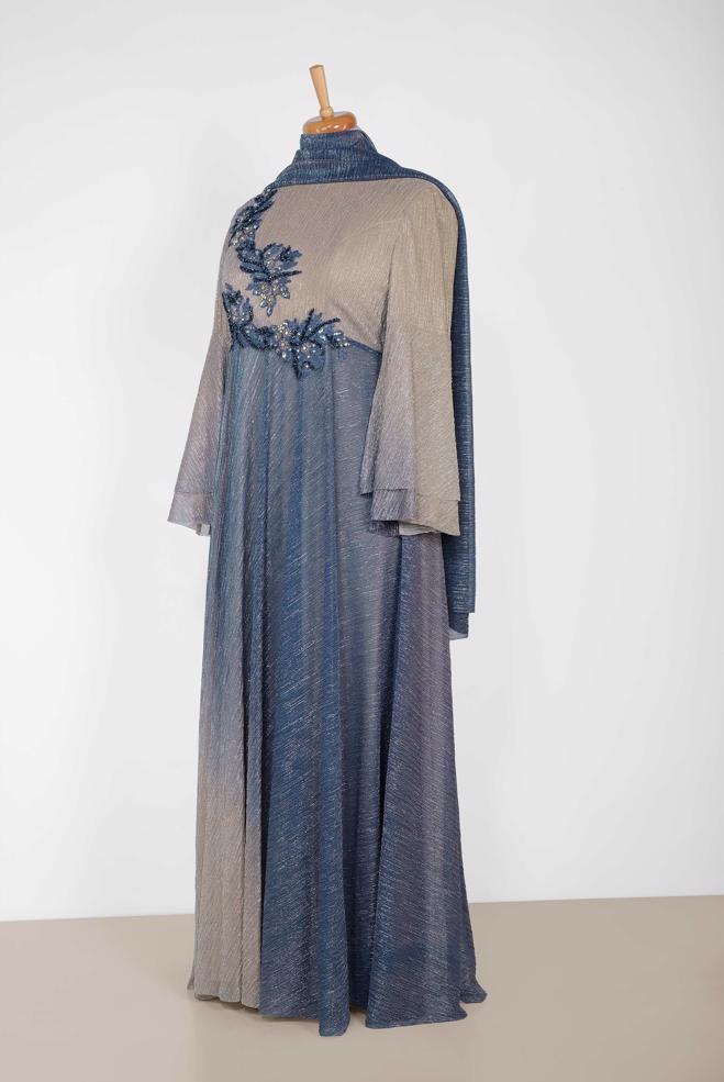 Tesettür giyim GRİ TAŞ DETAYLI DEGRADE ABİYE ELBİSE 5425 - ALVİNA