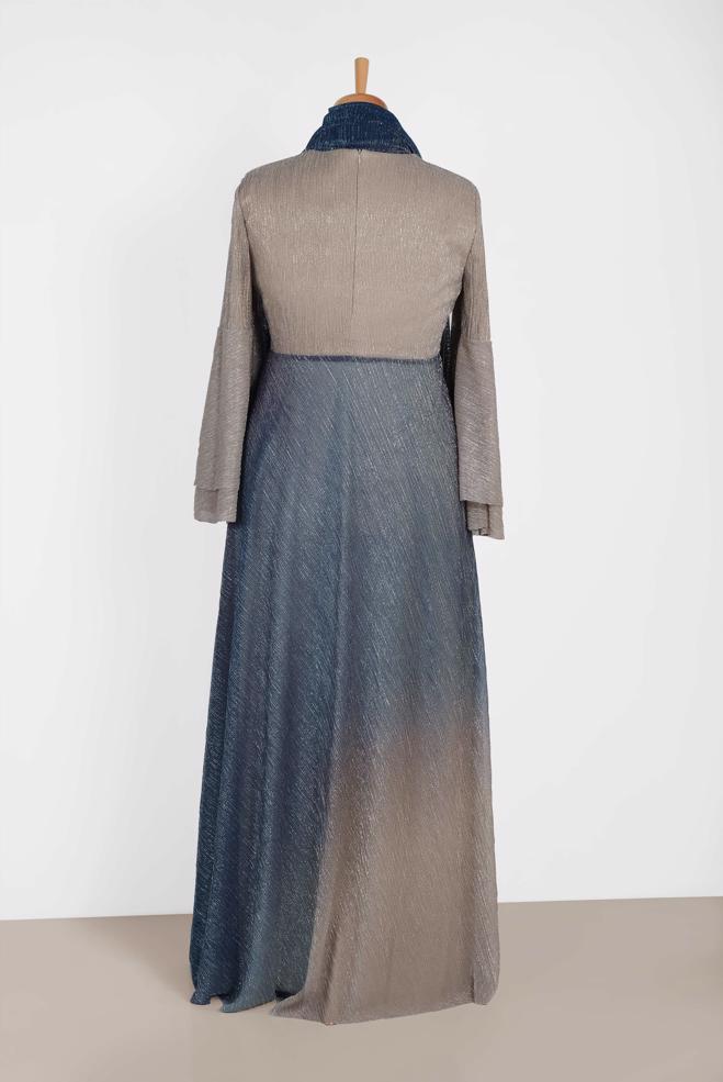 Tesettür giyim GRİ TAŞ DETAYLI DEGRADE ABİYE ELBİSE 5425 - ALVİNA