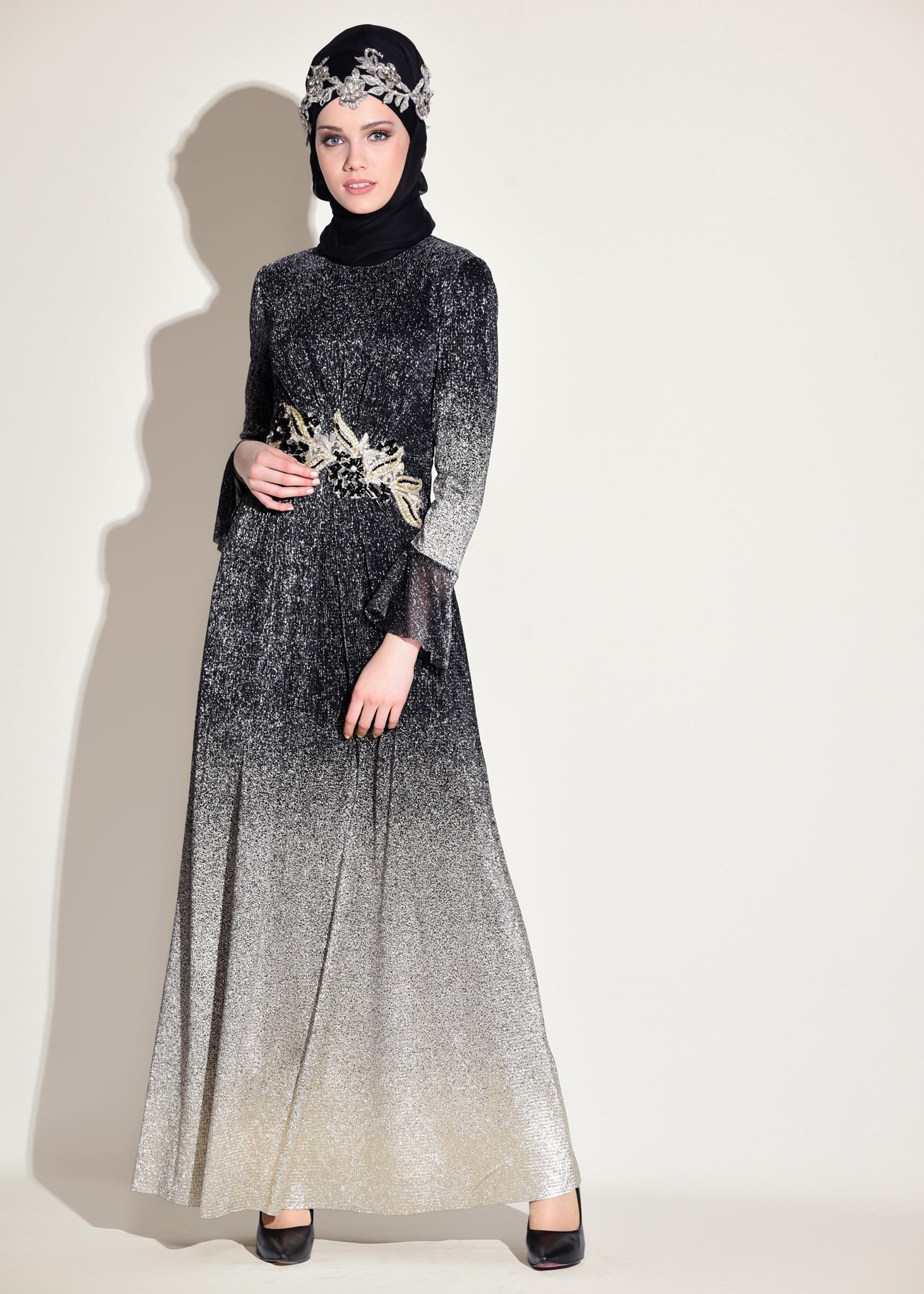 Tesettür giyim SİYAH RENK GEÇİŞLİ SİMLİ ABİYE ELBİSE 5430