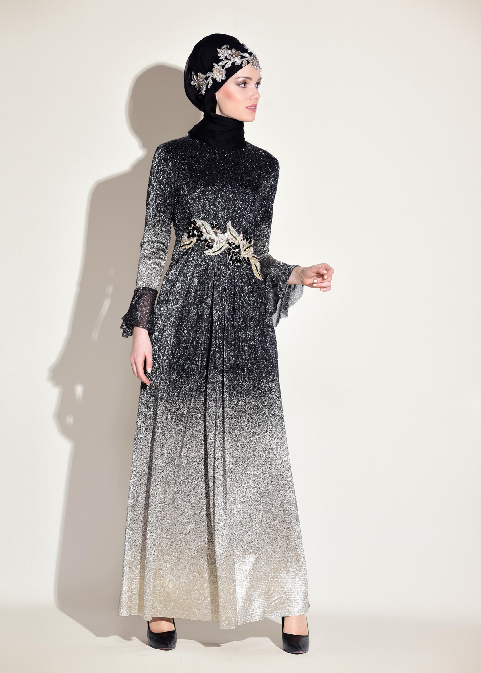 Tesettür giyim SİYAH RENK GEÇİŞLİ SİMLİ ABİYE ELBİSE 5430