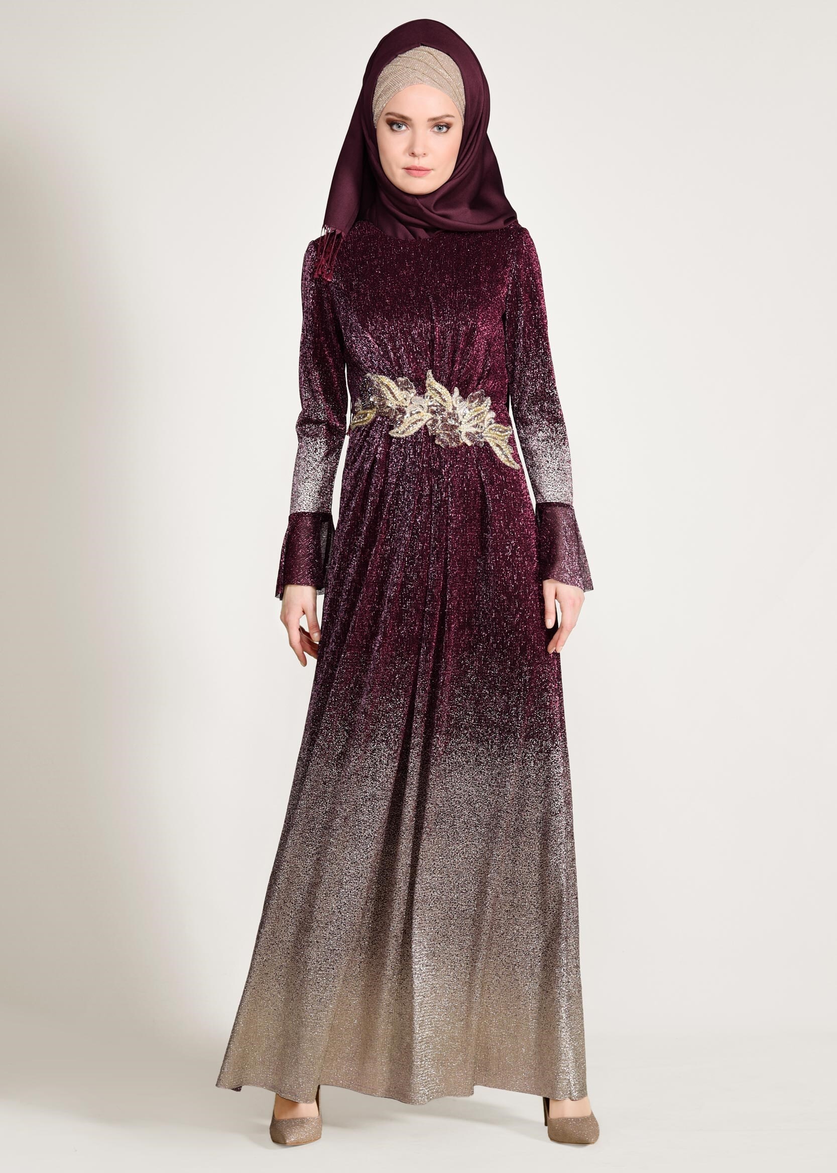 Tesettür giyim BORDO RENK GEÇİŞLİ SİMLİ ABİYE ELBİSE 5430