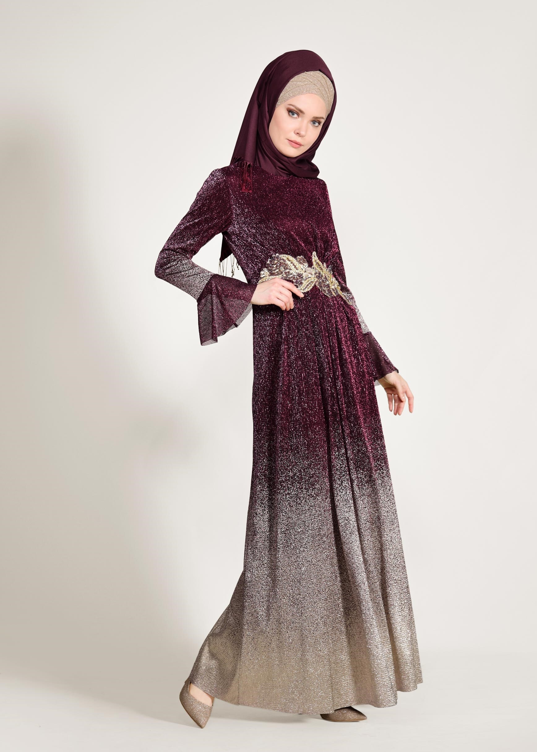 Tesettür giyim BORDO RENK GEÇİŞLİ SİMLİ ABİYE ELBİSE 5430