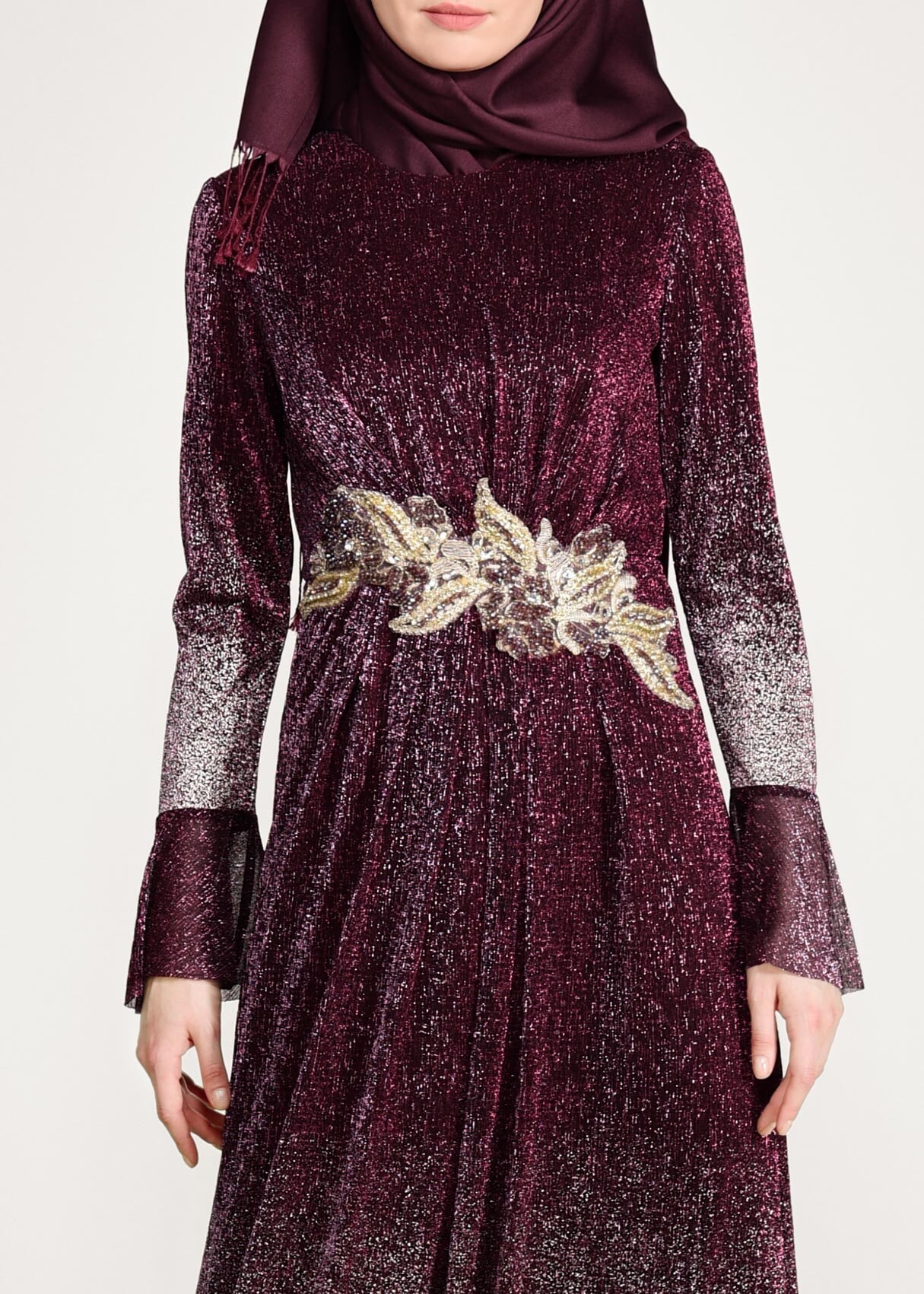 Tesettür giyim BORDO RENK GEÇİŞLİ SİMLİ ABİYE ELBİSE 5430