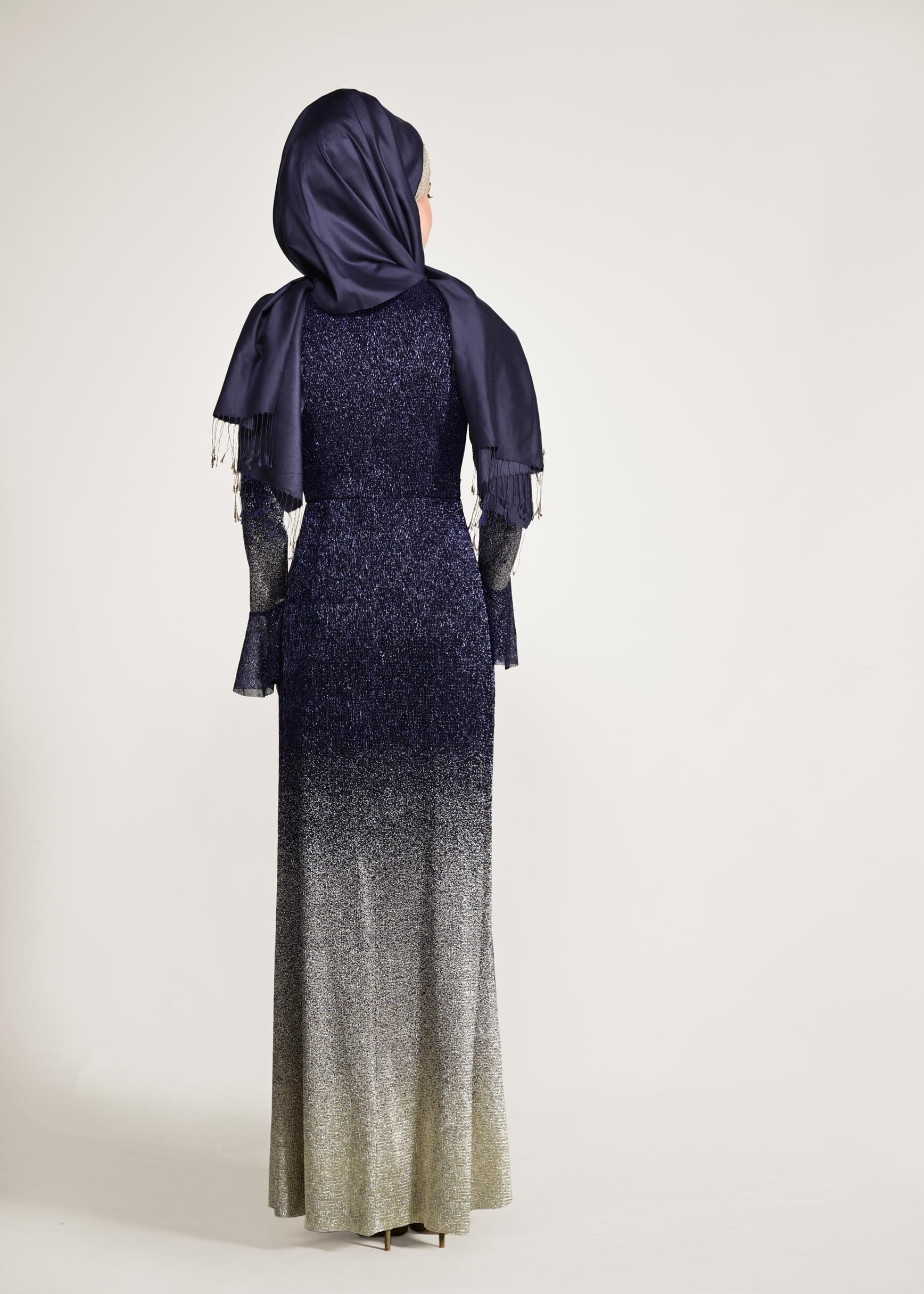 Tesettür giyim LACİVERT RENK GEÇİŞLİ SİMLİ ABİYE ELBİSE 5430