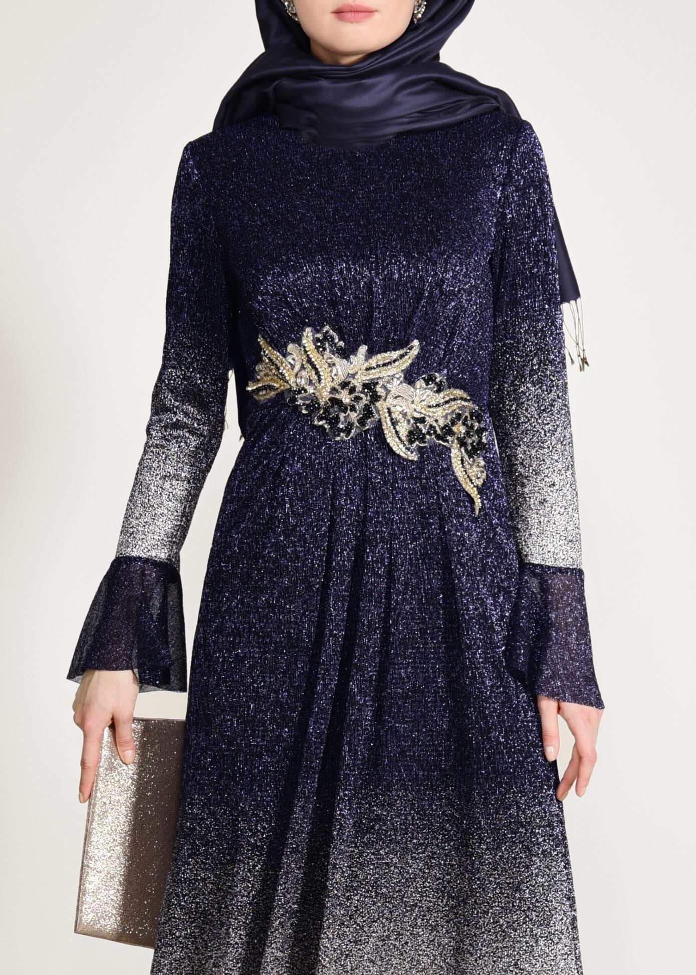 Tesettür giyim LACİVERT RENK GEÇİŞLİ SİMLİ ABİYE ELBİSE 5430