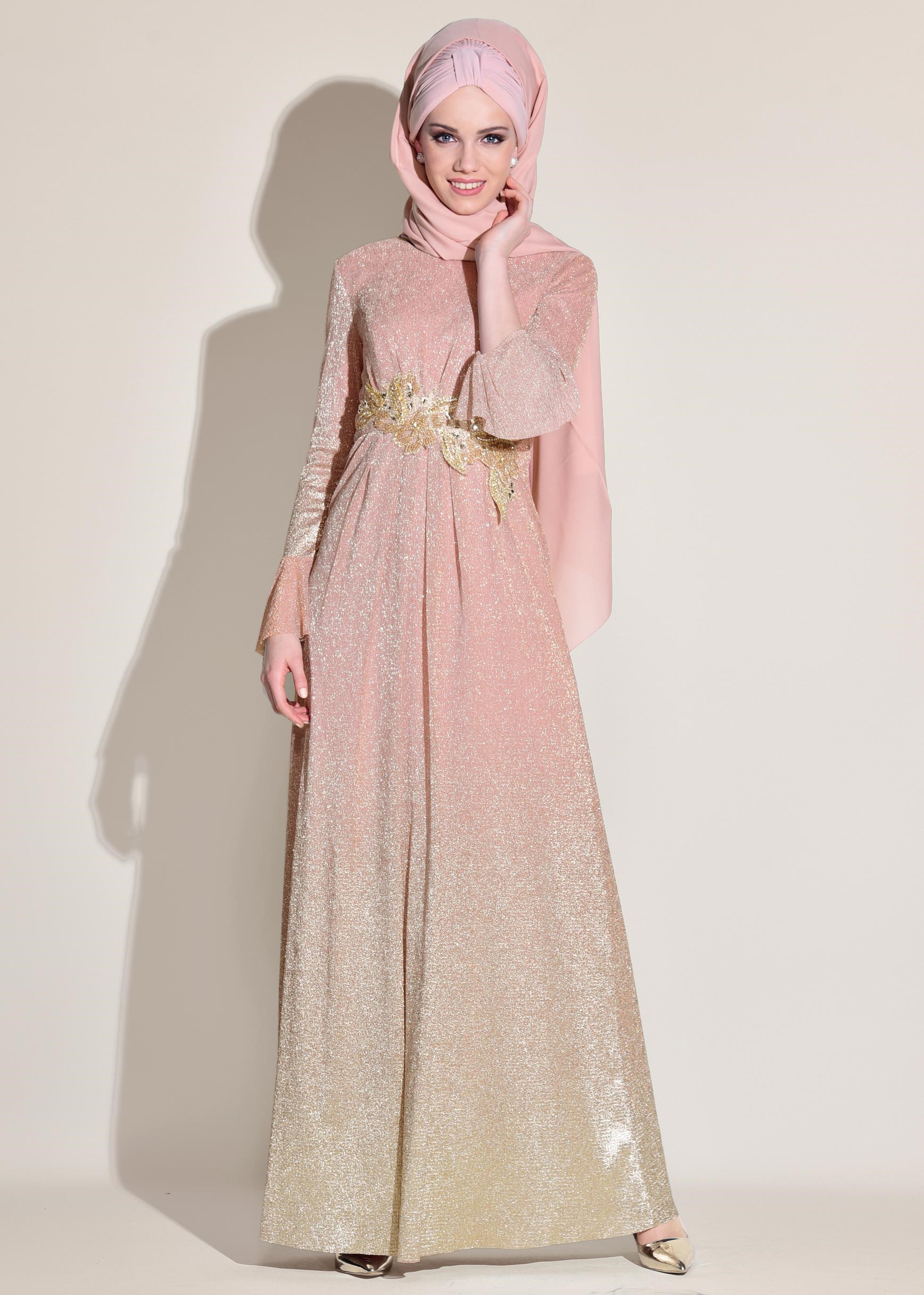 Tesettür giyim PUDRA RENK GEÇİŞLİ SİMLİ ABİYE ELBİSE 5430