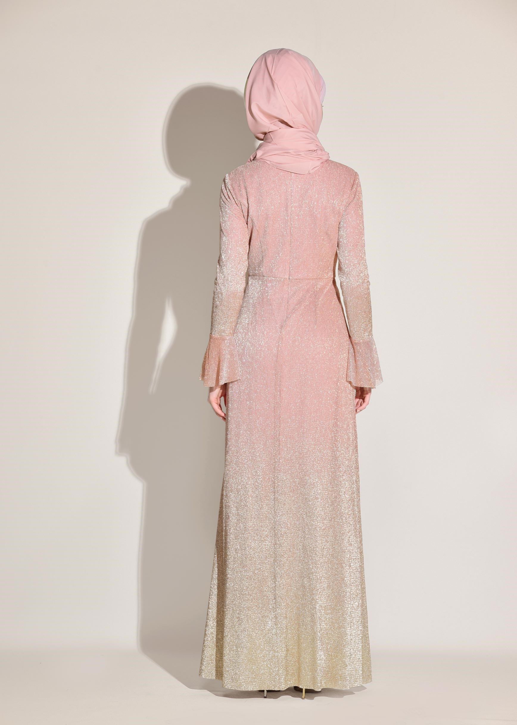 Tesettür giyim PUDRA RENK GEÇİŞLİ SİMLİ ABİYE ELBİSE 5430