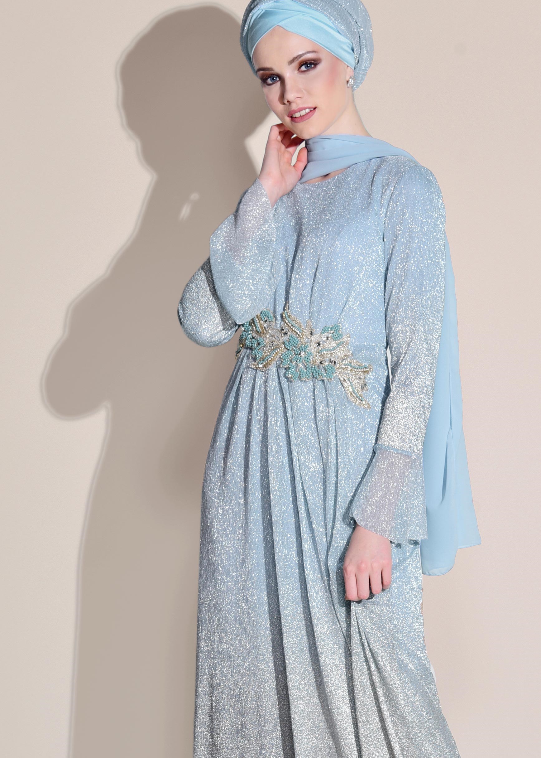 Tesettür giyim MAVİ RENK GEÇİŞLİ SİMLİ ABİYE ELBİSE 5430