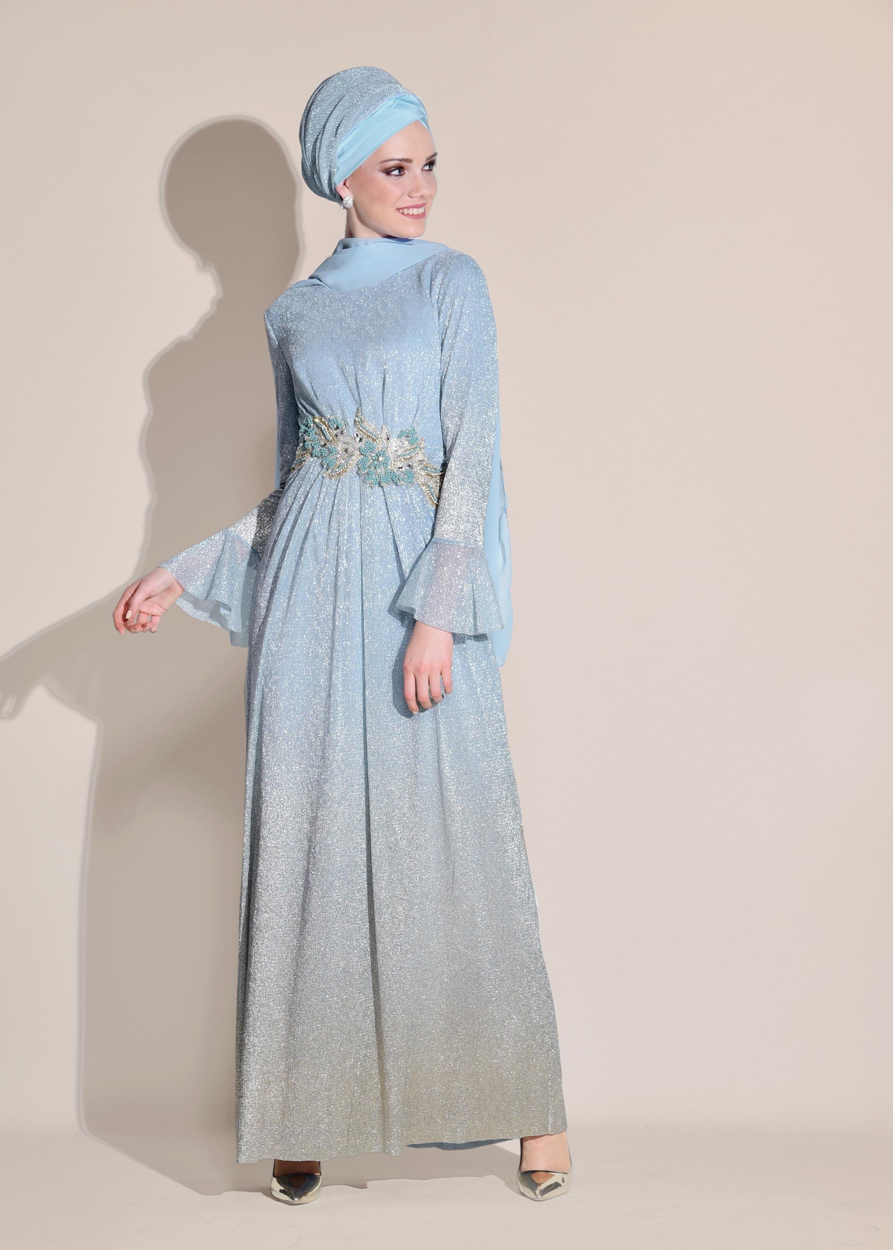 Tesettür giyim MAVİ RENK GEÇİŞLİ SİMLİ ABİYE ELBİSE 5430