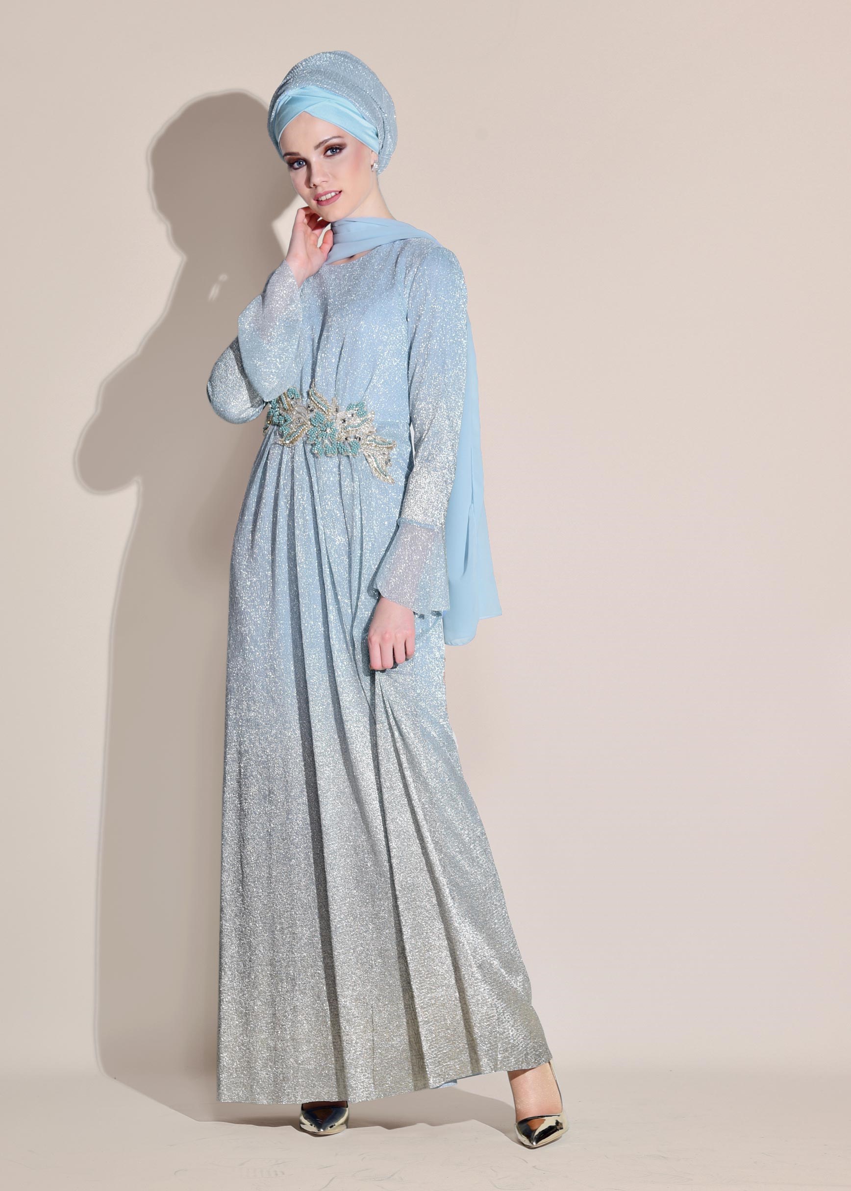 Tesettür giyim MAVİ RENK GEÇİŞLİ SİMLİ ABİYE ELBİSE 5430