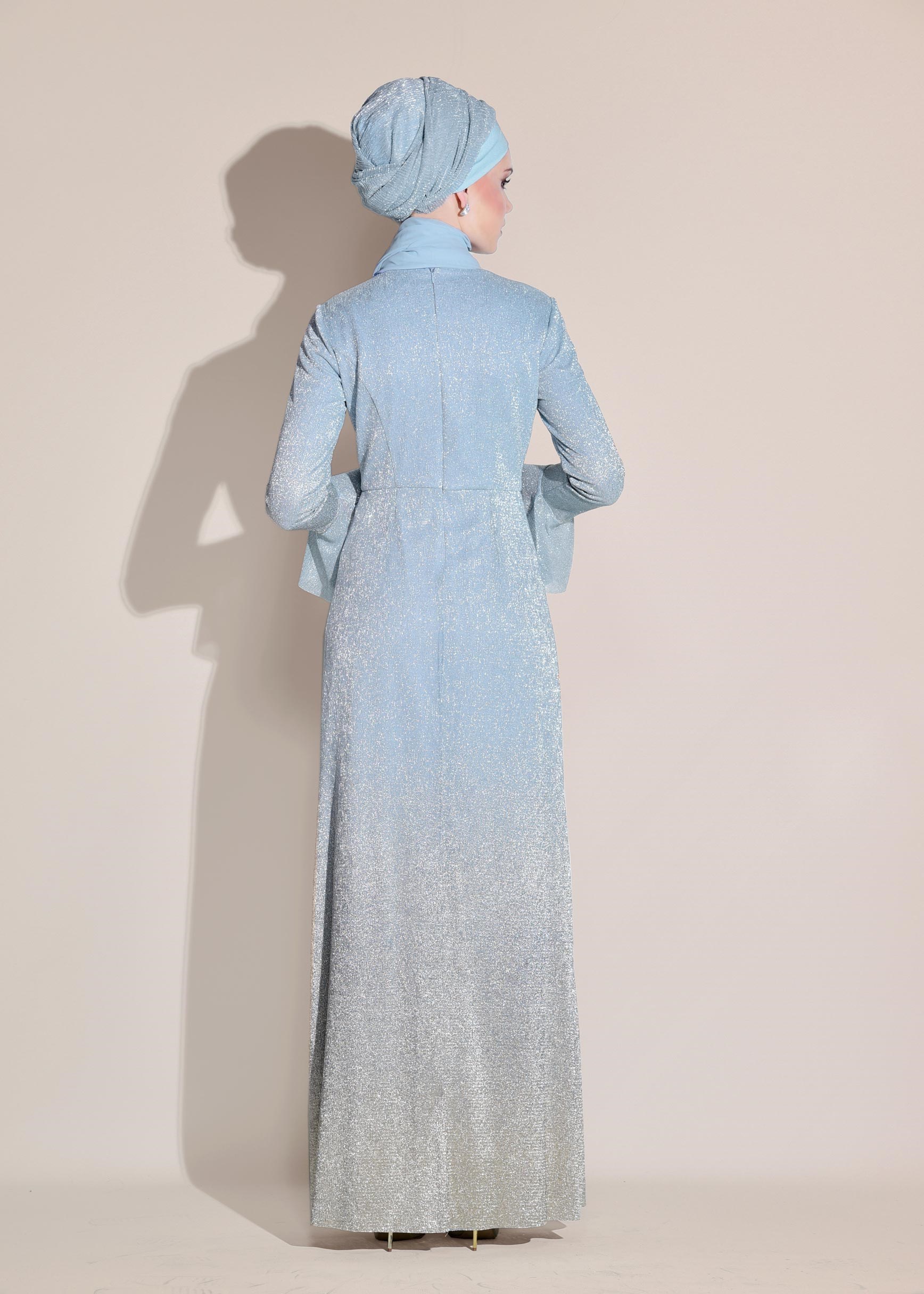 Tesettür giyim MAVİ RENK GEÇİŞLİ SİMLİ ABİYE ELBİSE 5430