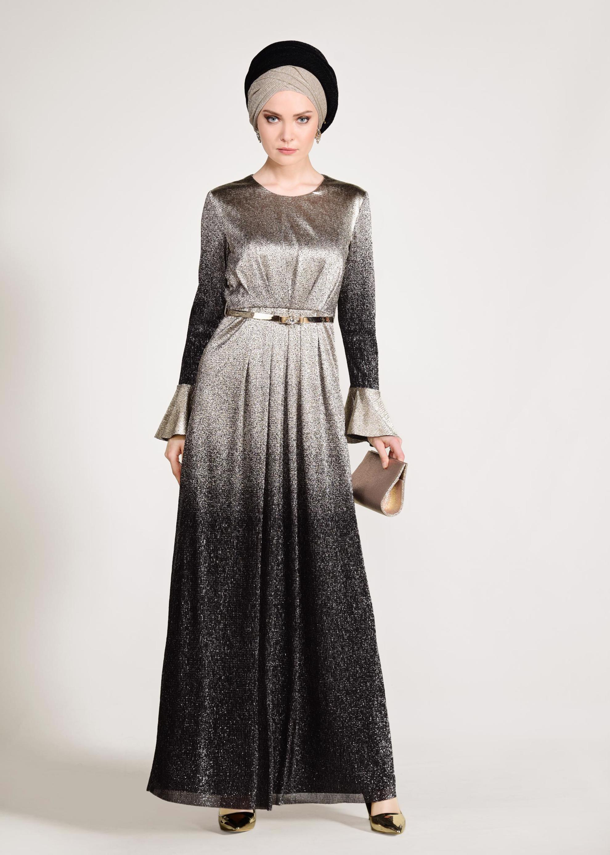 Tesettür giyim SİYAH RENK GEÇİŞLİ SİMLİ ABİYE ELBİSE 5431