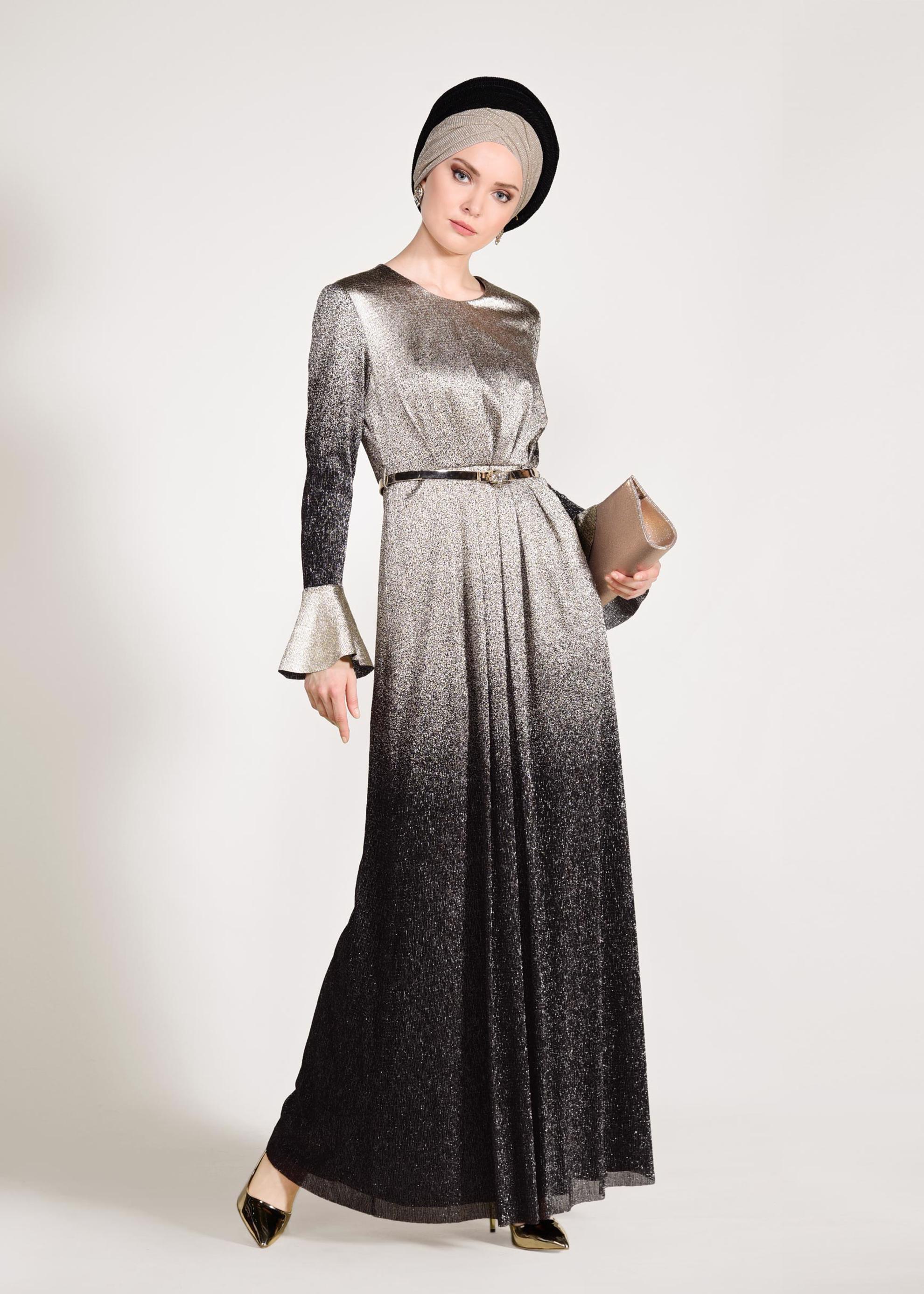 Tesettür giyim SİYAH RENK GEÇİŞLİ SİMLİ ABİYE ELBİSE 5431