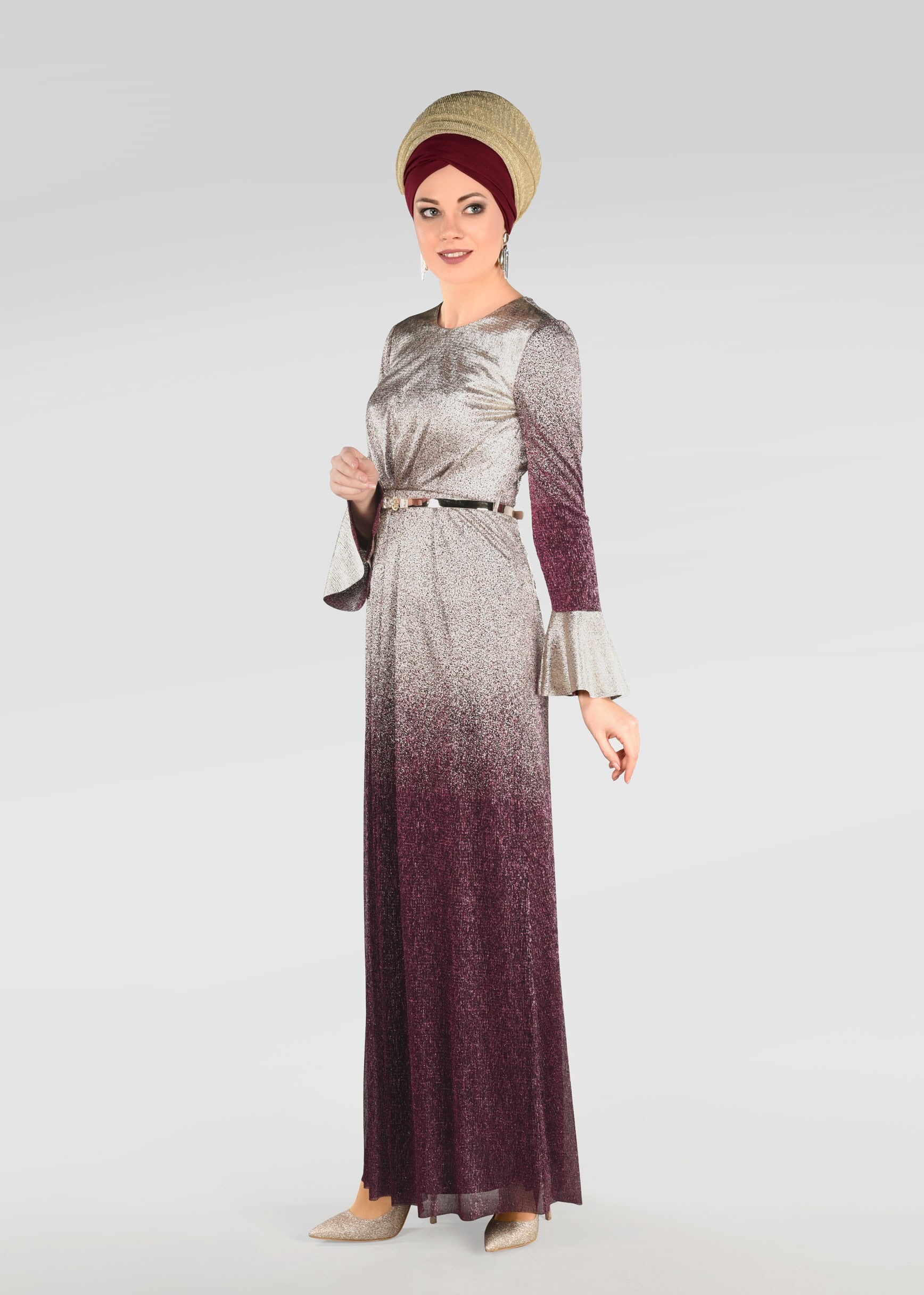 Tesettür giyim BORDO RENK GEÇİŞLİ SİMLİ ABİYE ELBİSE 5431