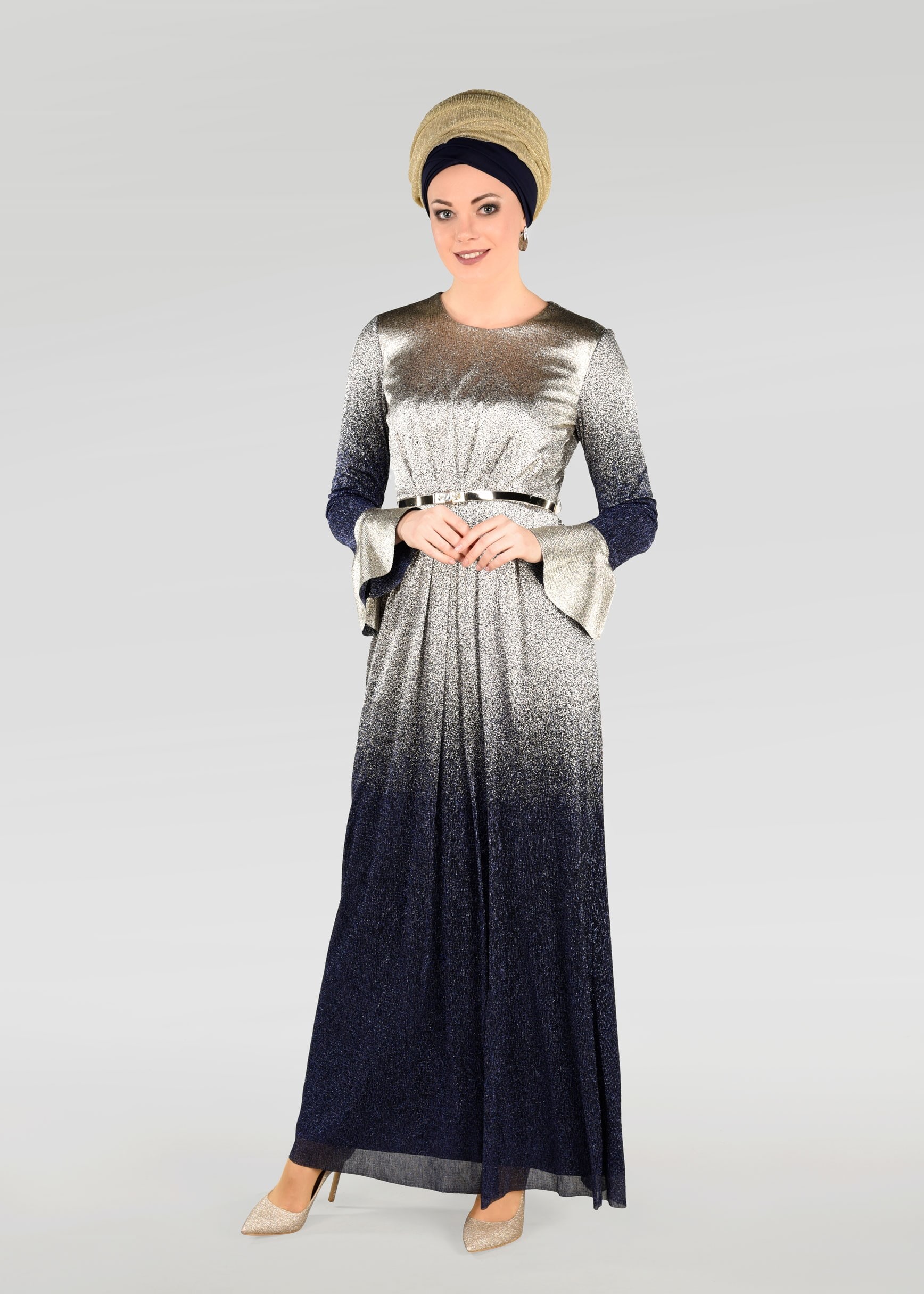 Tesettür giyim LACİVERT RENK GEÇİŞLİ SİMLİ ABİYE ELBİSE 5431 