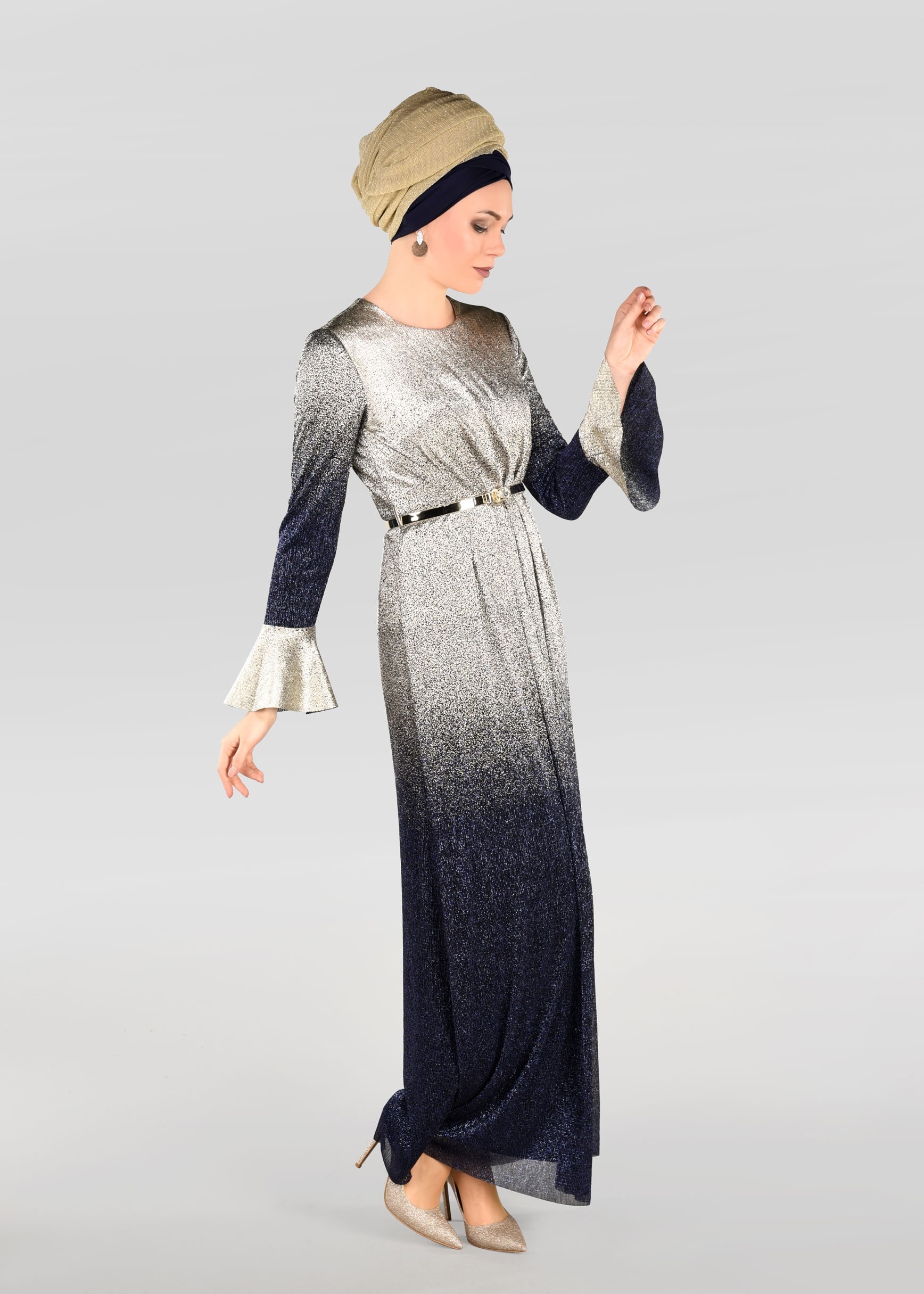 Tesettür giyim LACİVERT RENK GEÇİŞLİ SİMLİ ABİYE ELBİSE 5431 