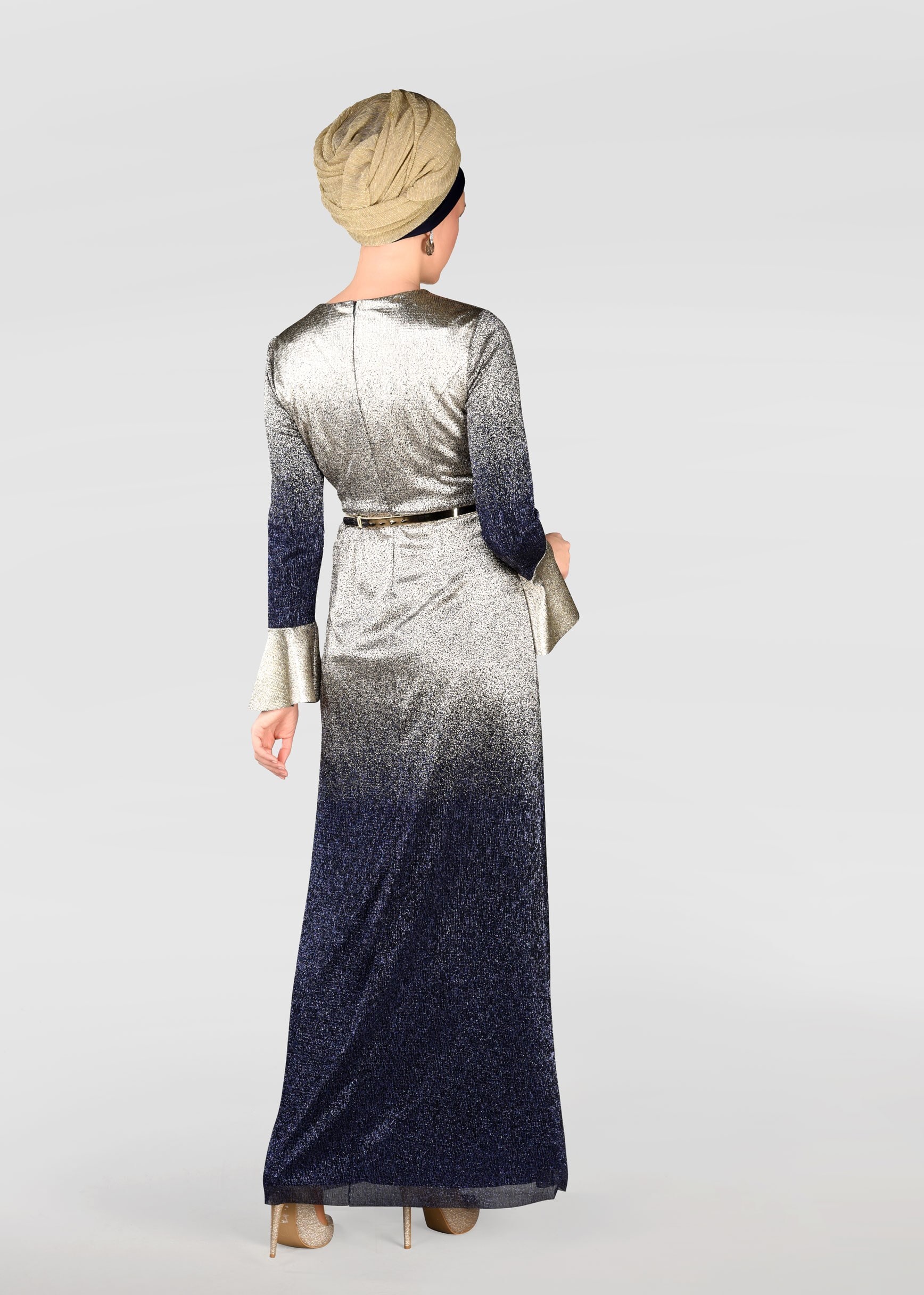 Tesettür giyim LACİVERT RENK GEÇİŞLİ SİMLİ ABİYE ELBİSE 5431 