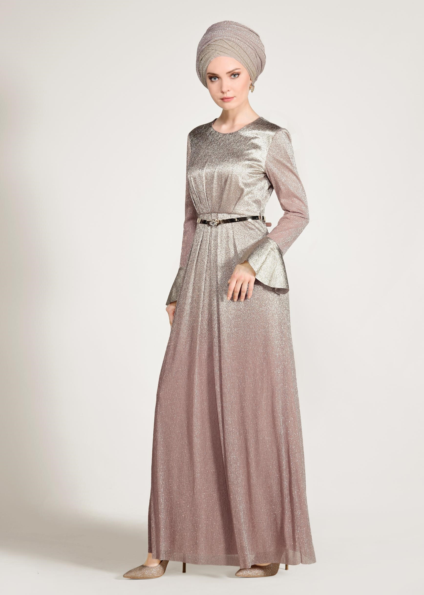 Tesettür giyim PUDRA RENK GEÇİŞLİ SİMLİ ABİYE ELBİSE 5431 