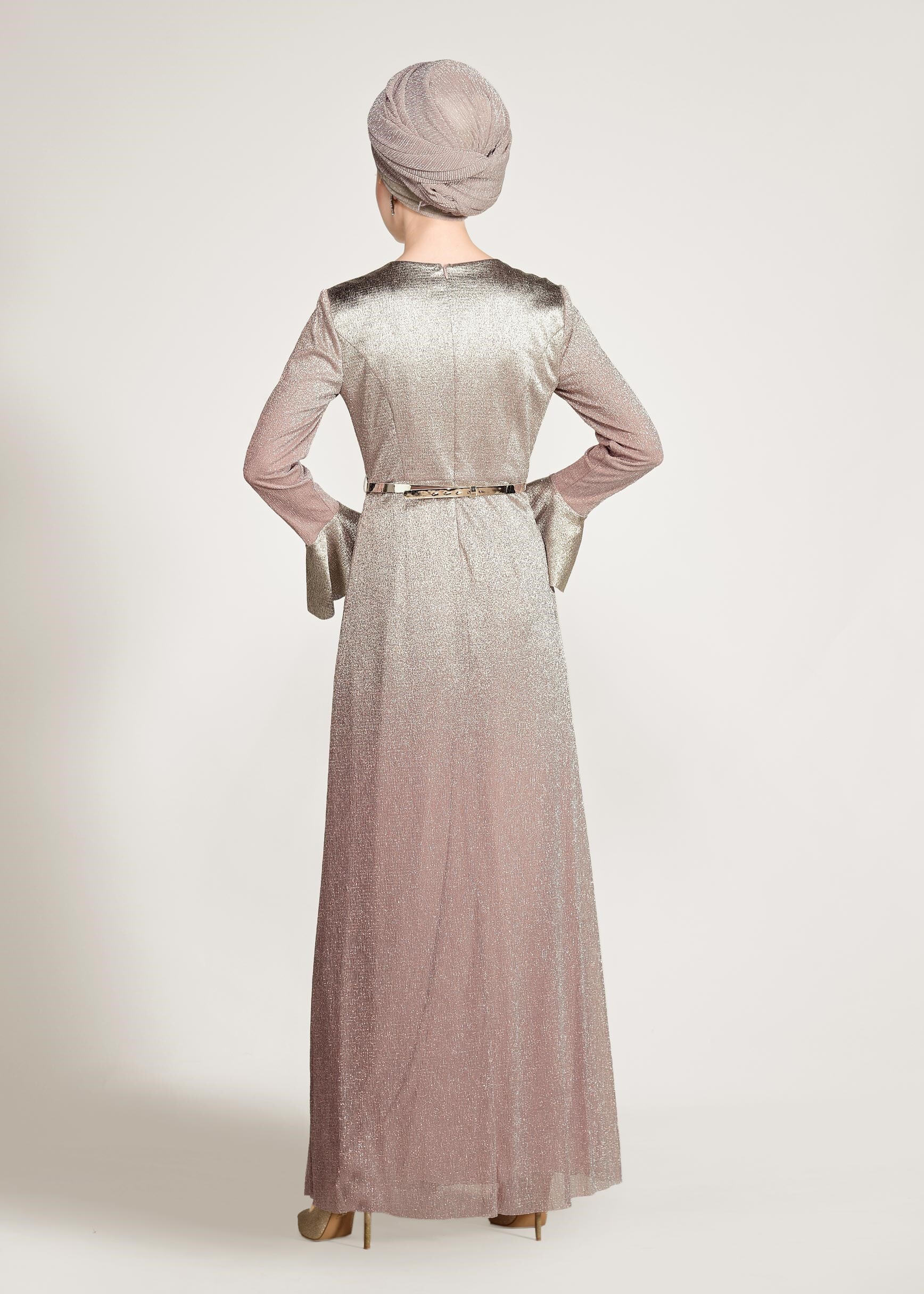 Tesettür giyim PUDRA RENK GEÇİŞLİ SİMLİ ABİYE ELBİSE 5431 