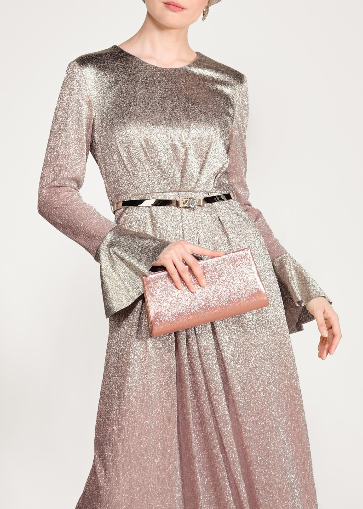 Tesettür giyim PUDRA RENK GEÇİŞLİ SİMLİ ABİYE ELBİSE 5431 