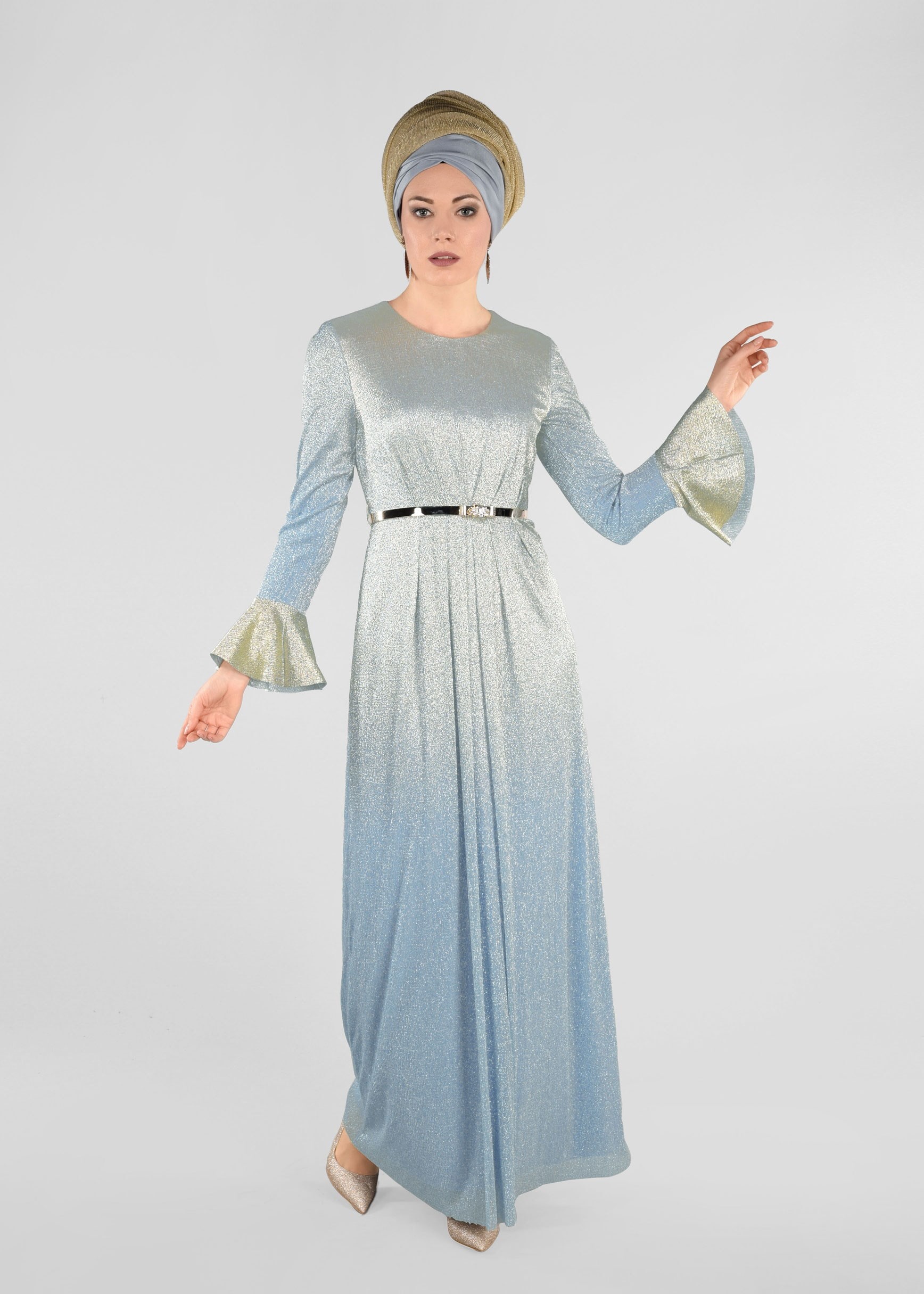 Tesettür giyim MAVİ RENK GEÇİŞLİ SİMLİ ABİYE ELBİSE 5431